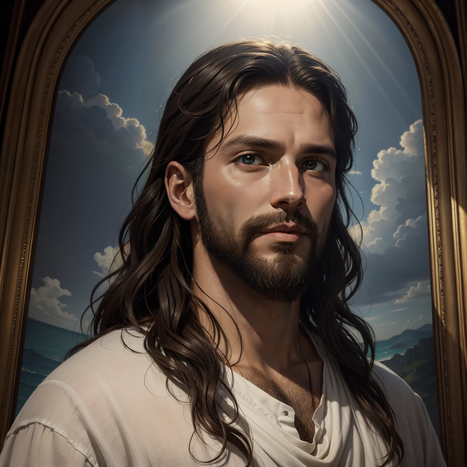 A beautiful, ultra-slim realistic portrait of Jesus, The Prophet, A 34-year-old Hebrew brown man, cheveux bruns courts, longue barbe brune, avec, wear a long linen tunic closed over the chest part, en vue de face, corps entier, biblique, Realstic,by Diego Velázquez,Pierre Paul Rubens,Rembrandt,Alex Ross,8k, Art conceptuel, photoreallistic, Realstic, illustration, oil painting, surrealism, Hyperrealistic, digital art, style, watercolour
a 3D Realist of Jesus with a halo in the sky, Mon Dieu, Sourire au paradis, Portrait of Jesus Christ, Face of Jesus, 33 Jeune Dieu Tout-Puissant, Portrait of a celestial god, Greg Olsen, Gigachad Jesus, Jesus de Nazareth, Jesus, Le visage de Dieu, Dieu me regarde, Il vous salue chaleureusement, Il est heureux, avatar image