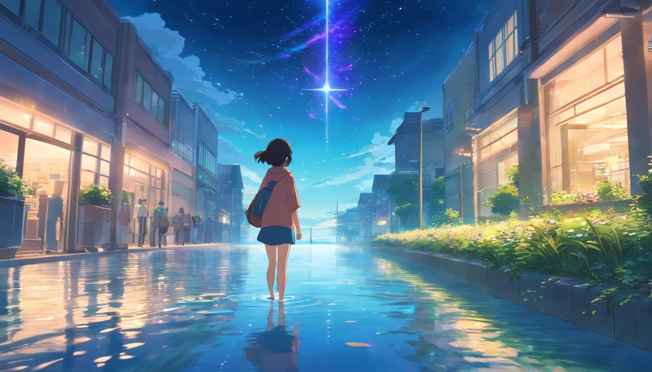 High quality masterpiece ,scenecy,Anime ager walking through a body of water on campus, Glittering starry sky。Romantic campus,Pisif,concept-art,Lofi art style,Reflectors。 By Makoto Shinkai, Lofi art, beautiful anime scenes, Anime landscapes, Detailed scenery —width 672, in the style of makoto shinkai, Makoto Shinkai's style,Detail enhancement