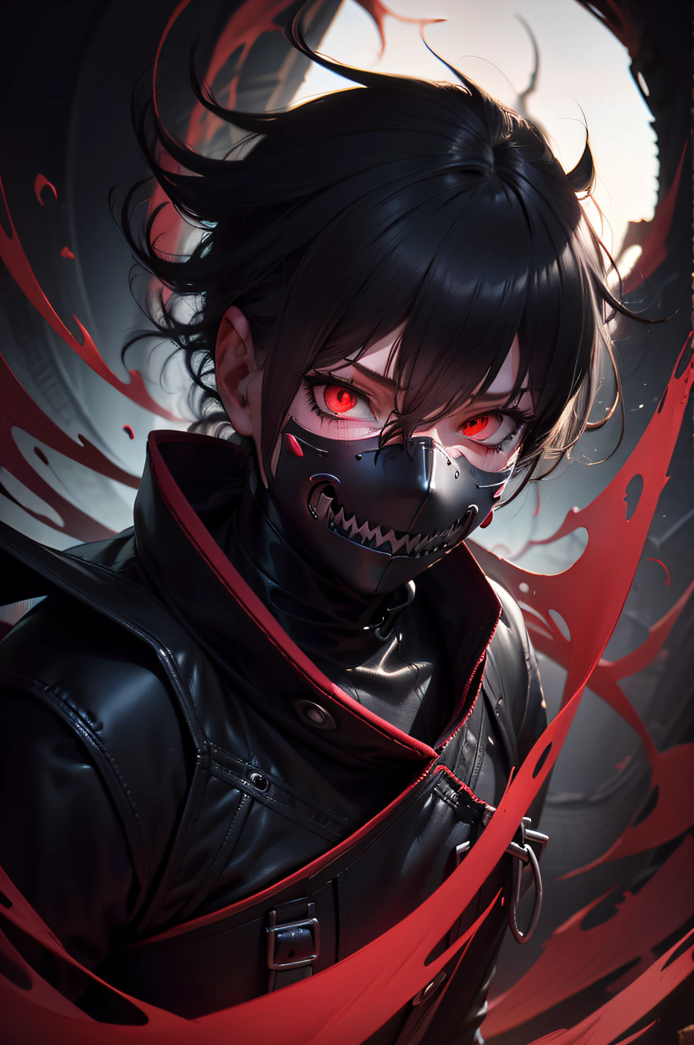 Akatsuki version of Kaneki,detailed red eyes,detailed black and white hair,black and red attire,ominous expression,mask-like face,powerful kagune,shadowy background,unleashing dark power,anime artwork,highly detailed character,sinister lighting,neon colors,vibrant artwork,exquisite details,action pose,nighttime scenery,haunting aura,apocalyptic setting,horror aesthetic,photorealistic style,sharp focus,professional masterpiece,high-res artwork,rich textures,ominous atmosphere,sharp shadows,contrast between light and darkness,glowing red highlights,mysterious vibe,extraordinary attention to detail,powerful and intimidating presence,colorful ink splatters,stylized illustration,stark color palette,moody and atmospheric lighting