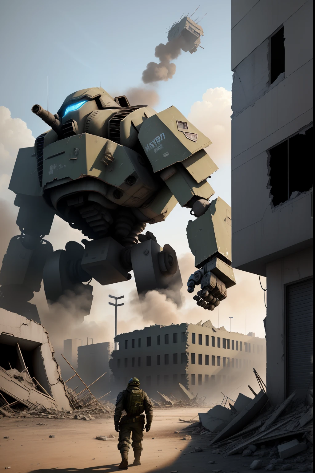 large robot,modern warfare,Bombed and collapsed buildings,Original CG,Concept map of the scene