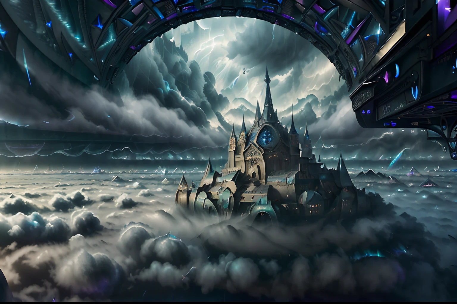 (surrealism intricate cityscape:1.5), fused terrible aura and castle and dark fantasy intricate architecture, (fly in the sky:1.5), epic insanely beautiful, lots fly in the sky neon butterfly lighting fusion iridescent, (fused cloud and an ominous fog envelops of circle mail_storm:1.5), epic composition, heat haze, dark palette, dark light, black light, bioluminescence, malicious, fluid, azure heavy rain, holographic, holographic renderer, delicate details tach aerosol paint, holography, (lots glimmer glass rain, tachism:1.4), extremely finely detailed, epic high quality, insanely beautiful illustration, all captured in sharp focus, rendered in stunning 32k resolution,