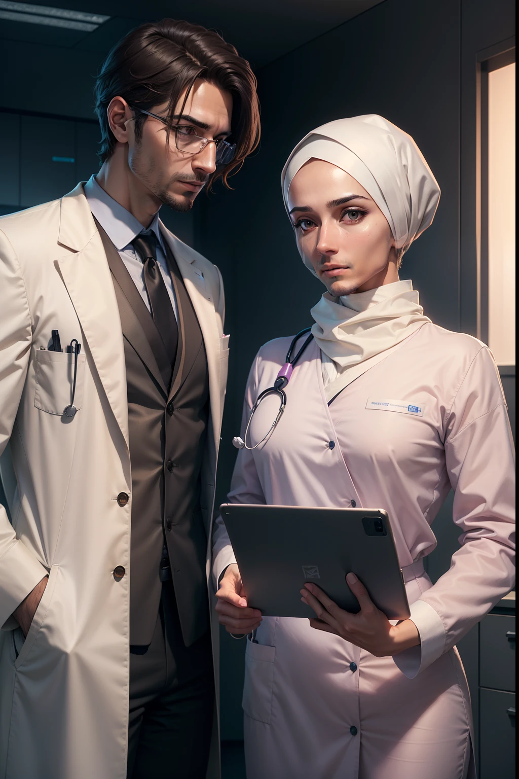 A male doctor, dressed as a surgeon, tablet in hand and without hijab, consults with another doctor. One of the two doctors is a woman. The woman is wearing hijab. Handsome woman and handsome man. Realistic face.8k. ultra realistic