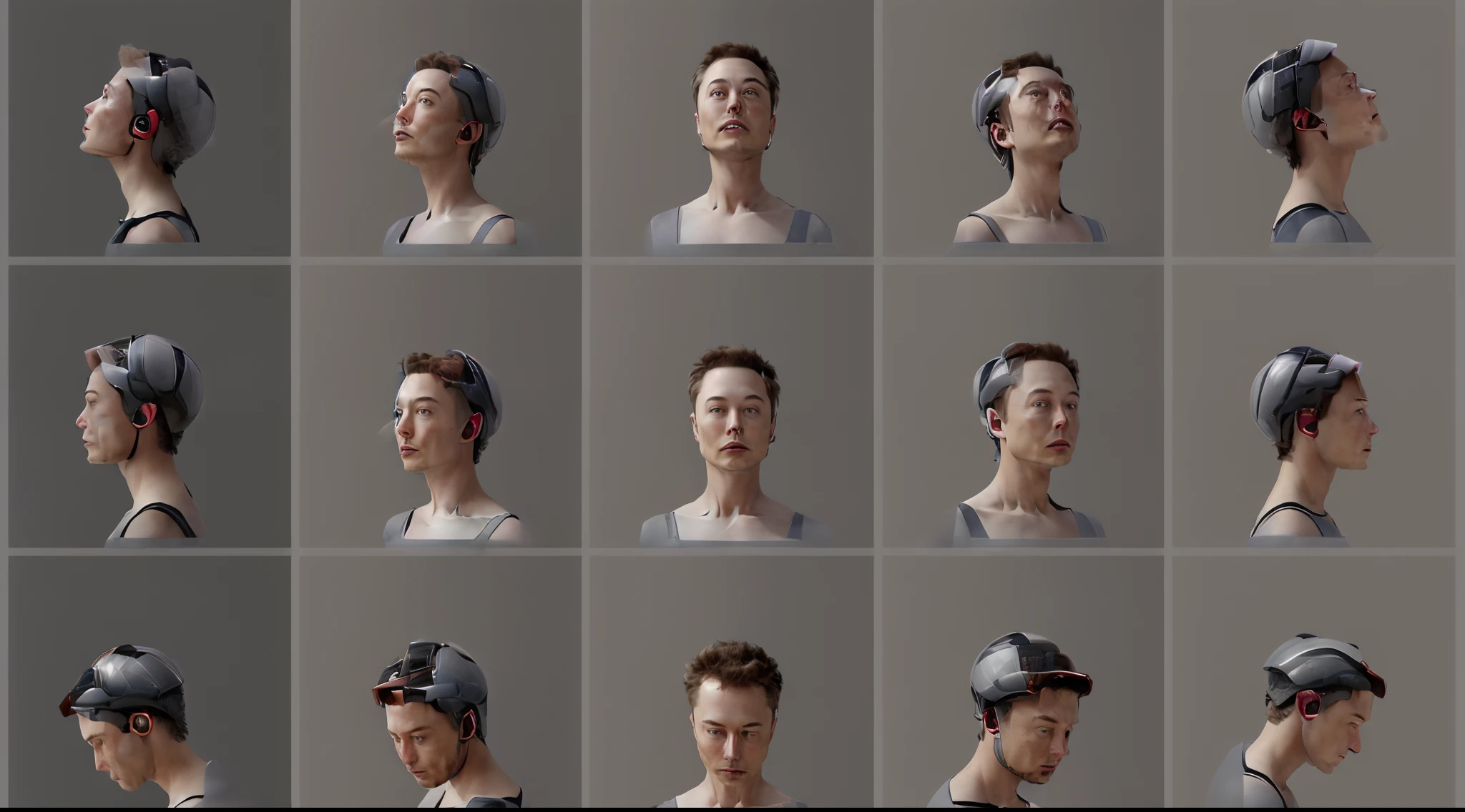 (a character sheet of Elon Musk from different angles with a grey background:1.4) , auburn hair, eyes open, cinematic lighting, hyperrealism, depth of field, photography, ultra highres, photorealistic, 8k, studio lighting