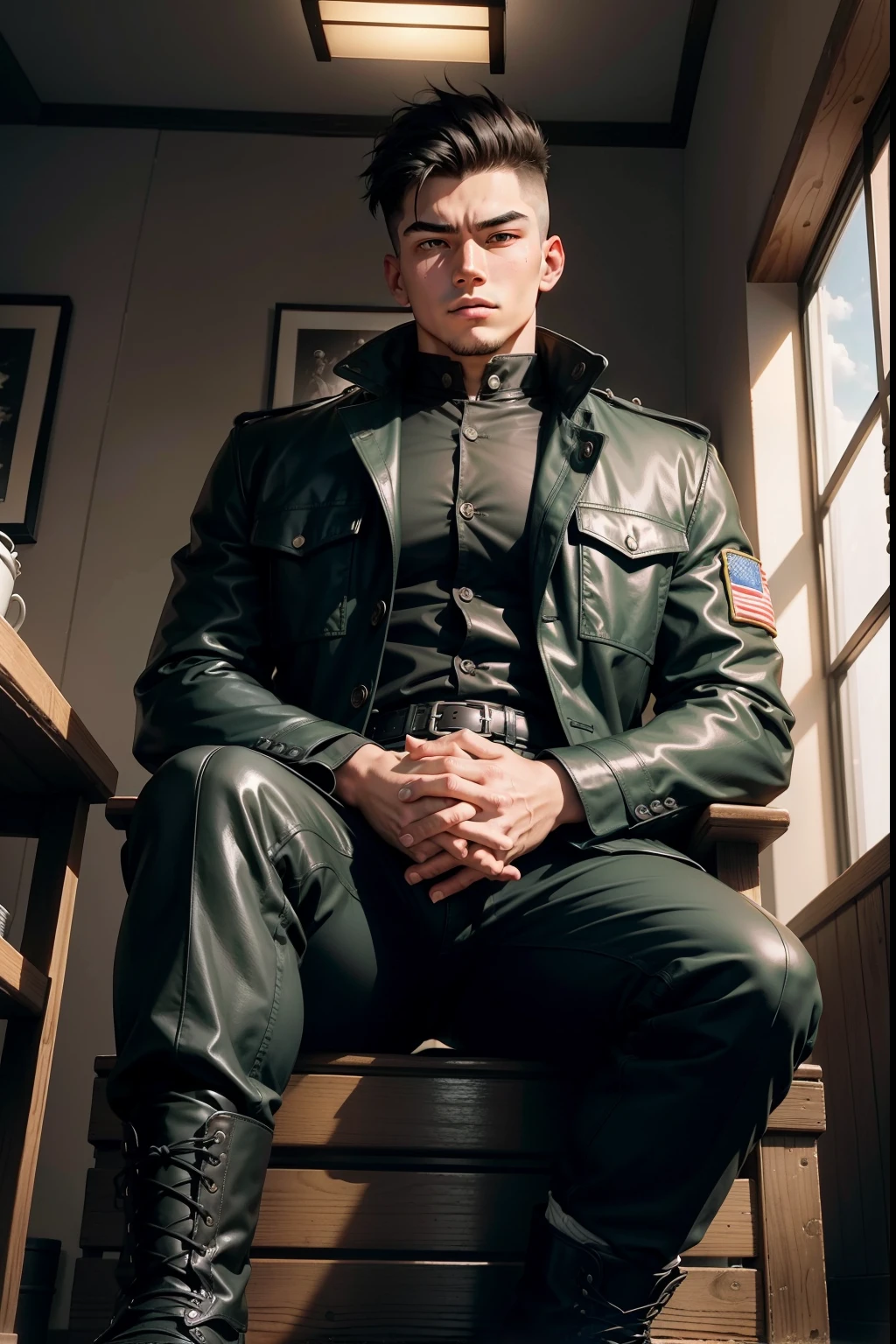 20-year-old man,Man,Height 195,jpn,Big soldier head,seated on a throne,God perspective,The eyes are about to face each other,Chinese men,musculature,Lift one foot,Wears a long black trench coat,Black socks,Black tall riding boots,Wear riding boots,wearing military shoes,Black riding boots,Ferocious and ferocious,Prison background,Rope in hand