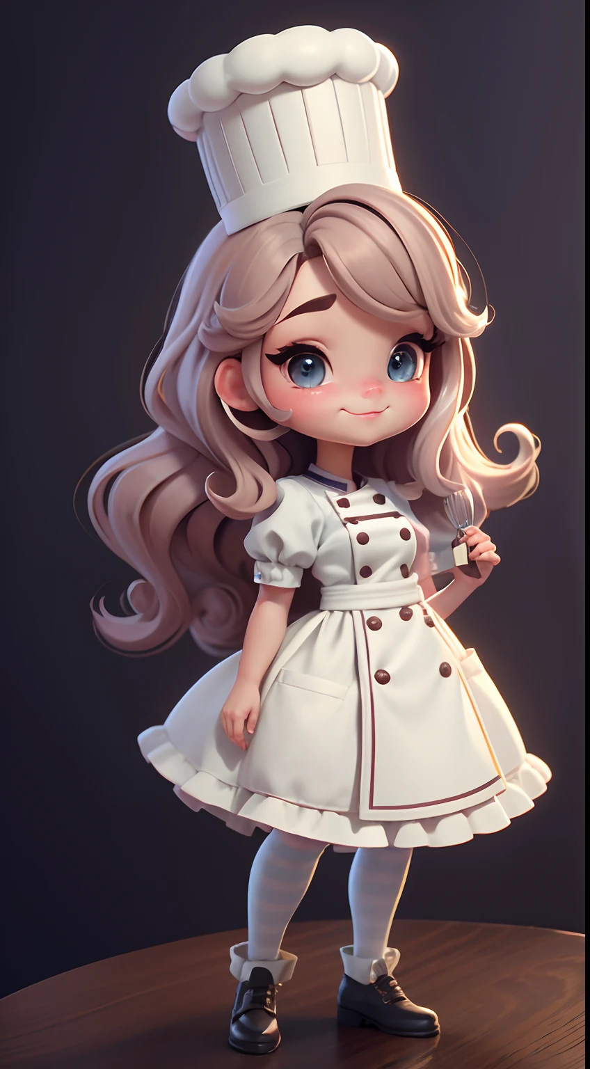 Create a series of cute baby chibi style dolls with a cute pastry chef theme, each with lots of detail and in an 8K resolution. All dolls should follow the same solid background pattern and be complete in the image, mostrando o (corpo inteiro, incluindo as pernas: 1.5)
Boneca Mini Chef: Chame-a de Marina. Ela deve ter cabelo pequeno em tom preto marrom. Seus olhos devem ser grandes e expressivos, with long eyelashes and rosy cheeks. Sorriso delicado e branco. Sophie deve estar vestida com uma jaqueta de chef, striped pants and an ornate chef's hat. She must hold a chocolate brigadier in her hands. Certifique-se de adicionar detalhes nas roupas, such as buttons and pockets, sapato bonito
Certifique-se de adicionar sombras, texturas e detalhes nos cabelos, roupas, confectionery utensils, to make them even more adorable and charming.