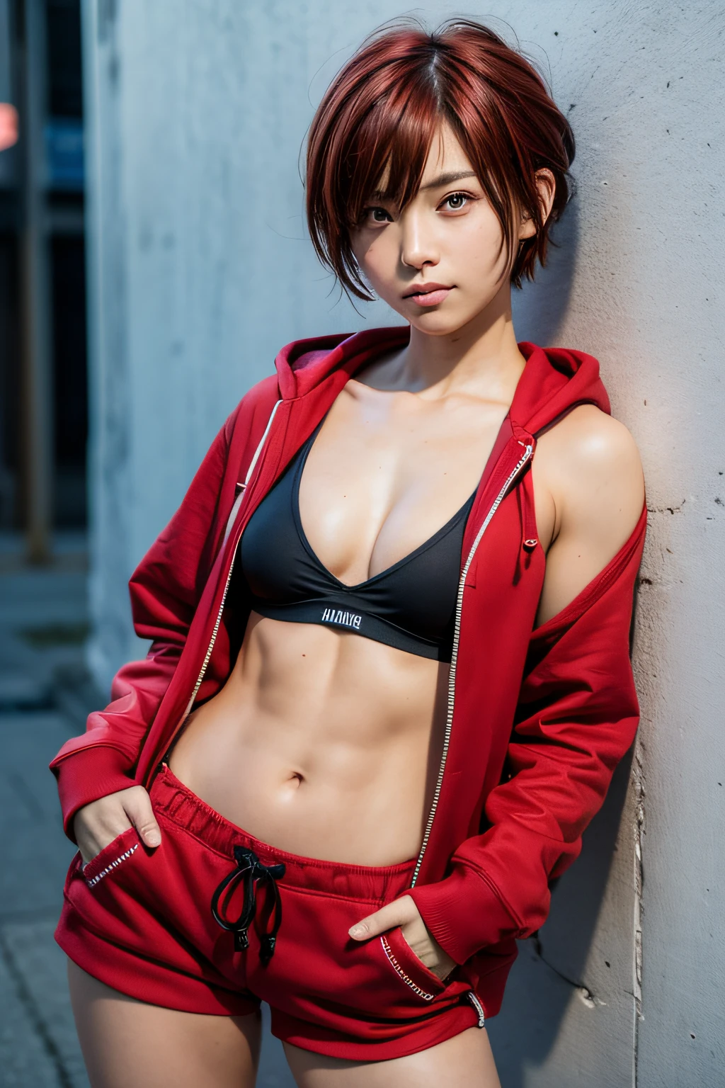 (masterpiece), best quality, highres, ultra-detailed, 1girl, tomboy, very short hair, pixie cut, red hair, crossed bangs, red eyes, flat chest, tall, muscular female, street, wall, graffiti, mural, red hoodie, open clothes, open hoodie, black bra, sports bra, red dolphin shorts, black sneakers, standing, leaning back, against wall, looking at viewer, hand in pocket, annoyed, parted lips, cowboy shot, amazonian build, muscular physique, muscular arms, erotic beautiful body of a queen, utopian, body parts, (dynamic camera:1.2), big thighs, cinematic angle, (cinematic_light, cinematic_shadows, bokeh, depth of field:1.2),