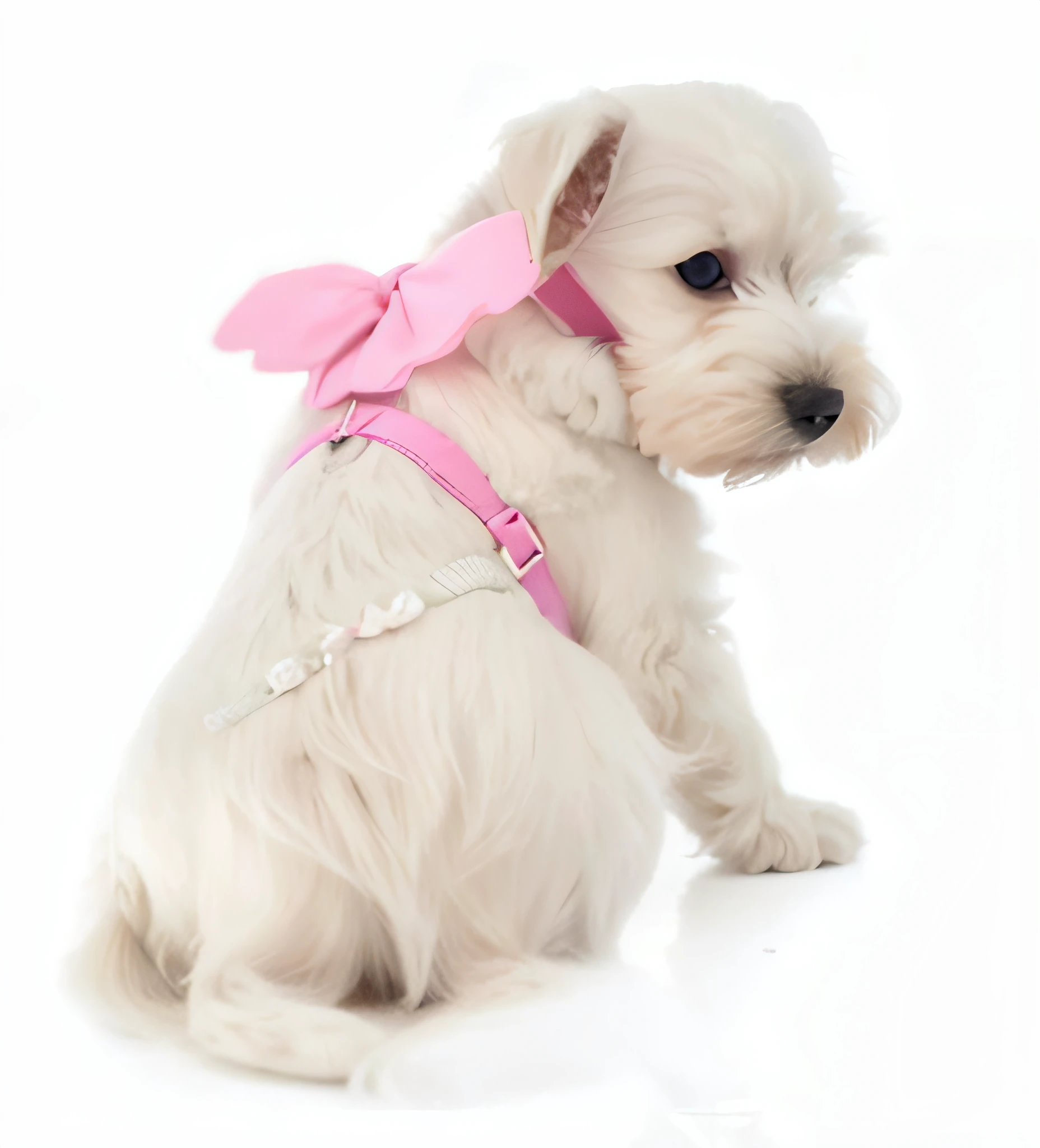 Alafed white dog with pink bow isolated on white background, wearing angel, angelicales, angelic wings on her back, watermarked, wearing angel halo, pink body harness, the angel's wings, Angelic, Angel wings, small white dog at her side, winged, ohwx, possibly an angel, patrick, Cutie, corgi with [ the angel's wings ]!!, Angel, wearing collar