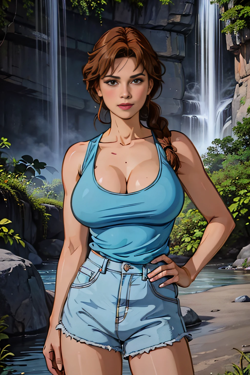 cowboy shot, lara croft in light blue tank top and brown shorts, 1980s \(style\), 1girl, Full-body figure, dark brown hair, single braid hair, retro artstyle, looking at viewer, solo, light blue tank top, big tits, (naked_breasts:1.2), big_breasts, cleavage, jungle waterfall in the background