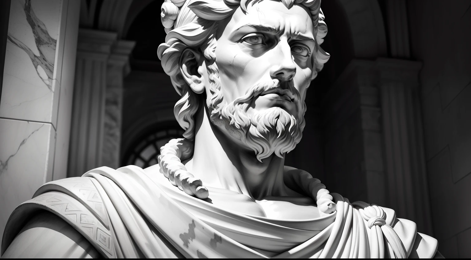 a portrait statue of the stoic Marcus Aurelius in black and white 4K, Super realistic photo wallpaper