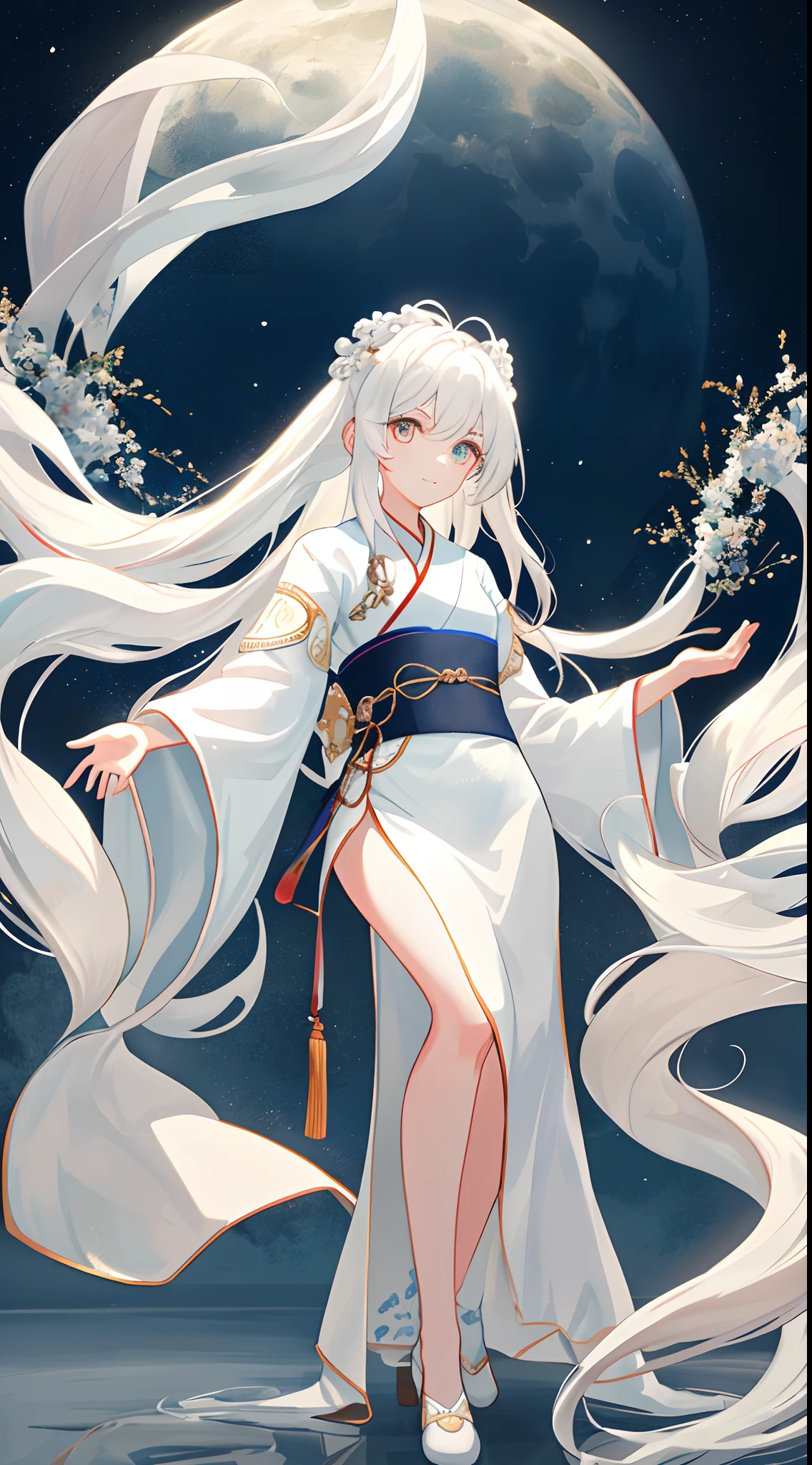 Kizi,White bathtub,Song dynasty Hanfu,see-through sleeves,Ruffle your hair,ssmile,Moon,Full body like,White fan gradient long hair,Messy hair,Movie Angle,floatking,(Beautiful detailed eyes),(Detailed lighting),cinmatic lighting,Beautiful detailed sky,(1girll),(long whitr hair),glowing light eyes,(lighting particle),(painting of a),rich colours,foamy,tinas