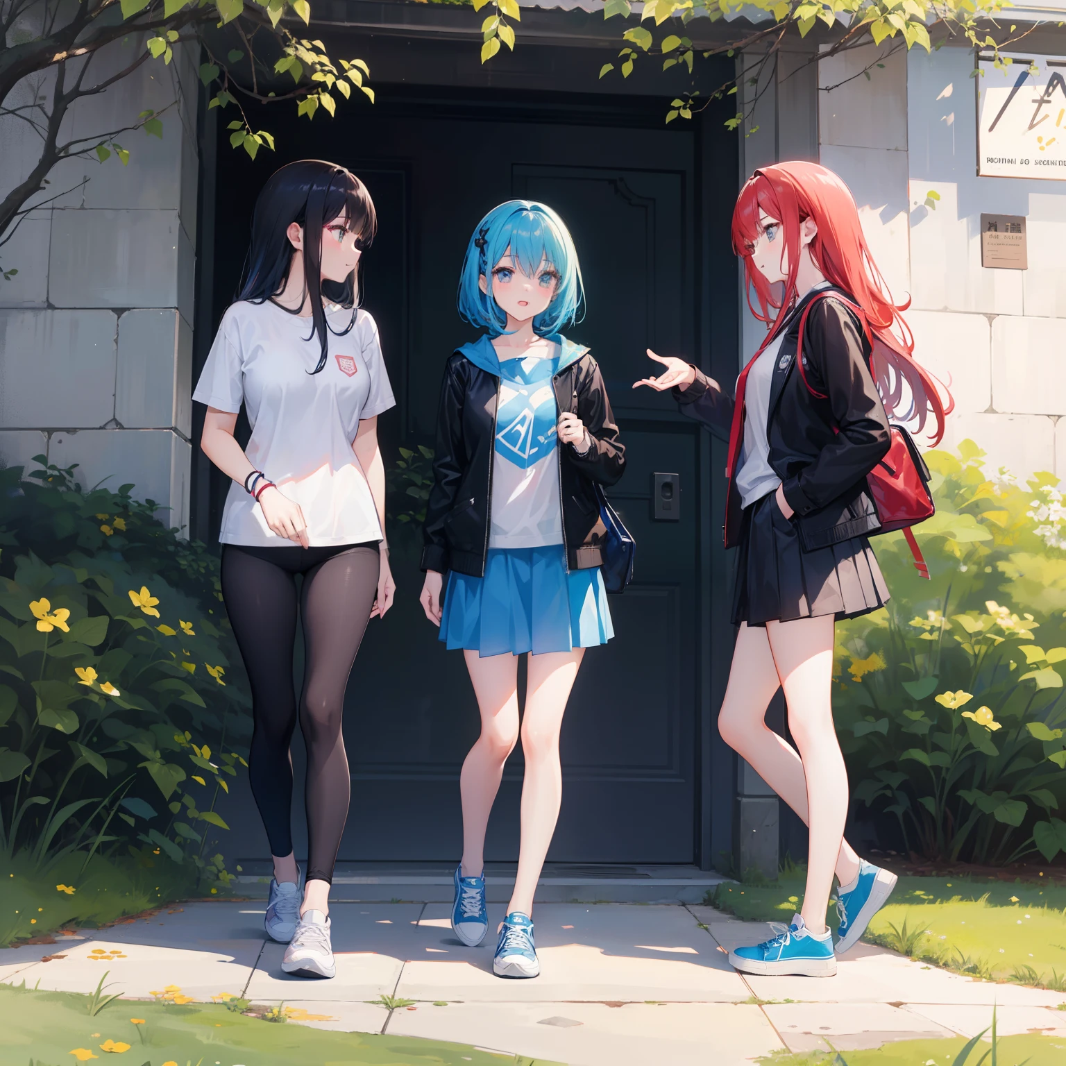 Create an image of three anime characters, Yori, Hina, and Kimi, standing in a college lawn. Yori is a cute, outgoing girl with black hair. She is wearing a white shirt, a dark brown college leather jacket and dark brown tie and sneakers . Hina has blue hair and is wearing the same outfit as Yori. Kimi has red hair and is also wearing the same outfit. The three girls are talking to each other loudly and laughing. The image should be sharp and detailed, with a background of a college lawn.