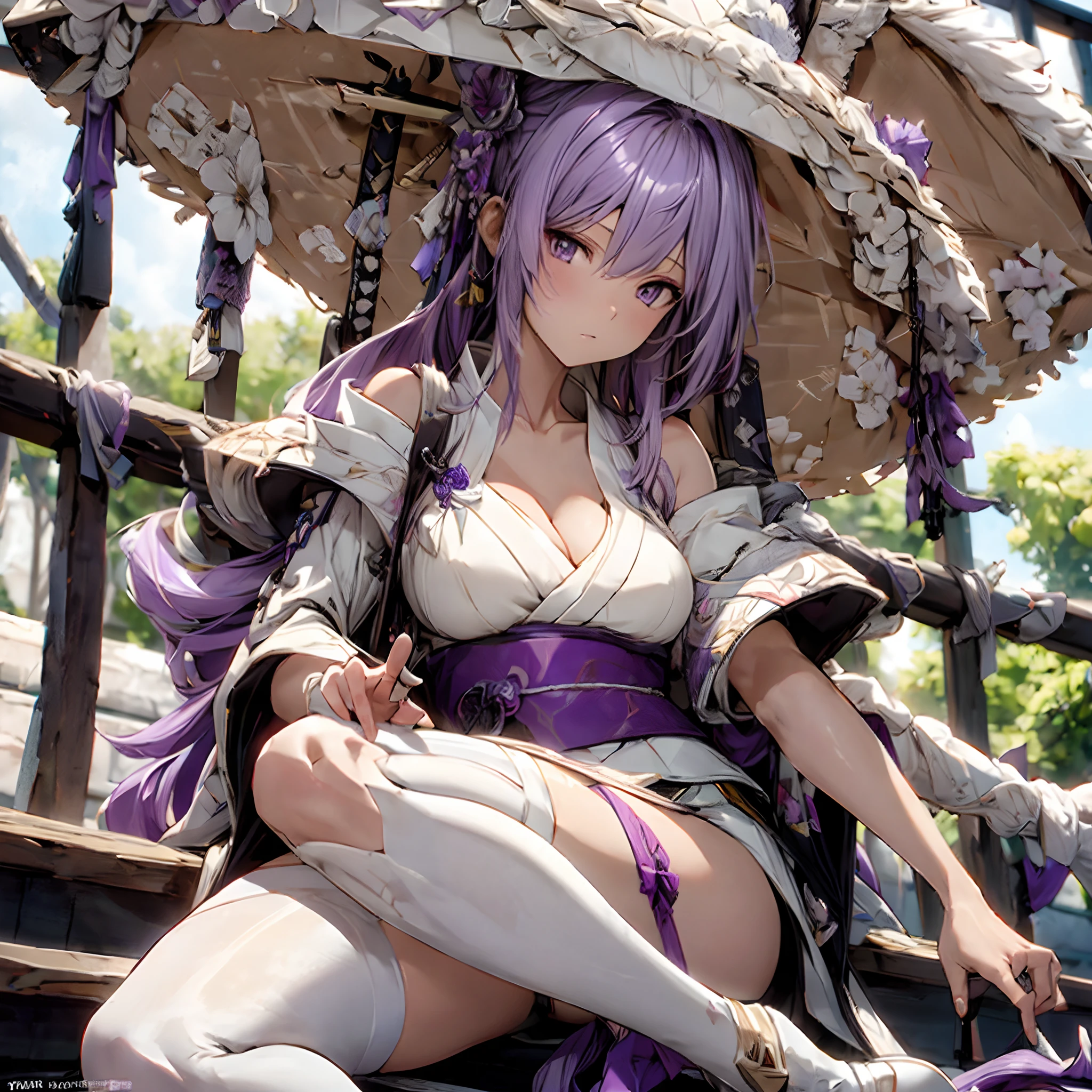 1 girl, tie purple hair, long light purple hair, wide large ronin white hat, gold eyes, white robe, katana, cool and sexy face, white thigh knee sock, white loose short kimono, 8, Sharp face, battlefield, outside, black high-heeled shoe, standing, scarlet, white panty, one person, alone, alcohol, booze, 1 head, 2 hands, 2 legs, lightning, Best quality, masterpiece, 3D, an image of a beautiful female samurai, HDR (High Dynamic Range), Ray Tracing, NVIDIA RTX, Super-Resolution, Unreal 5,Subsurface scattering, PBR Texturing, Post-processing, Anisotropic Filtering, Depth-of-field, Maximum clarity and sharpness, Multi-layered textures, Albedo and Specular maps, Surface shading, Accurate simulation of light-material interaction, Perfect proportions, Octane Render, 8k, high res