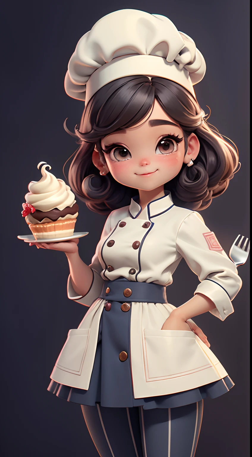 Create a series of cute baby chibi style dolls with a cute pastry chef theme, each with lots of detail and in an 8K resolution. All dolls should follow the same solid background pattern and be complete in the image, mostrando o (corpo inteiro, incluindo as pernas: 1.5)
Boneca Mini Chef: Chame-a de Marina. Ela deve ter cabelo pequeno em tom preto marrom. Seus olhos devem ser grandes e expressivos, with long eyelashes and rosy cheeks. Sorriso delicado e branco. Sophie deve estar vestida com uma jaqueta de chef, striped pants and an ornate chef's hat. She must hold a chocolate brigadier in her hands. Certifique-se de adicionar detalhes nas roupas, such as buttons and pockets, sapato bonito
Certifique-se de adicionar sombras, texturas e detalhes nos cabelos, roupas, confectionery utensils, to make them even more adorable and charming.