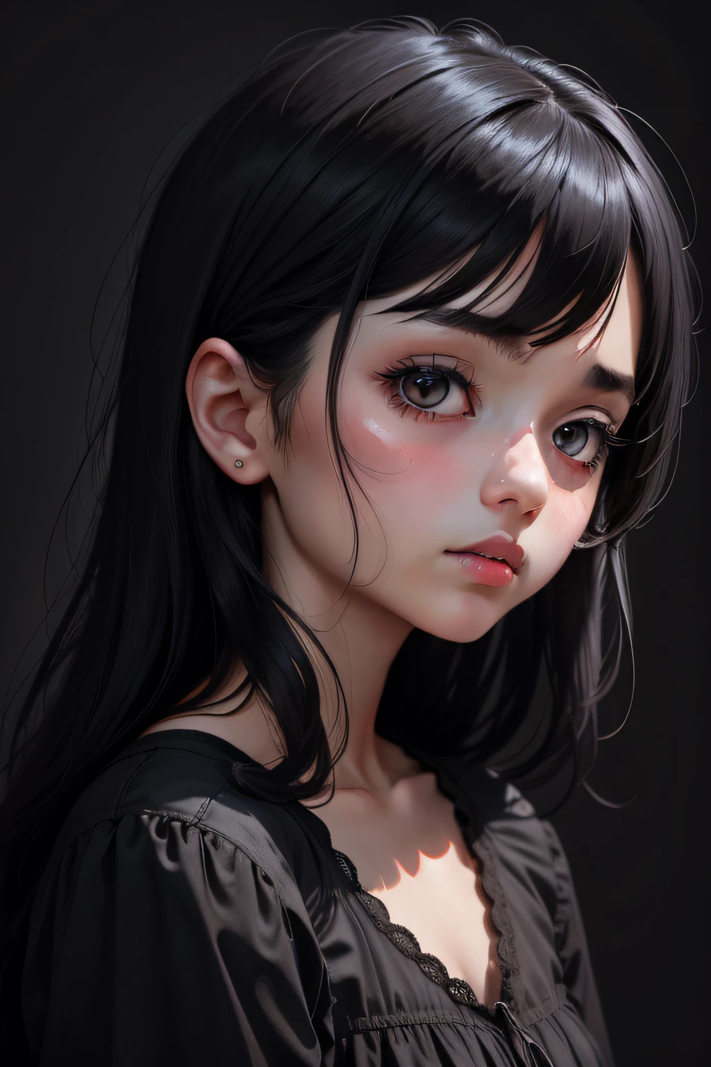 a color, 1girll, Night, Dark, Black hair, view the viewer, Upper body, facingviewer, limited palette, Black background, Glowing,