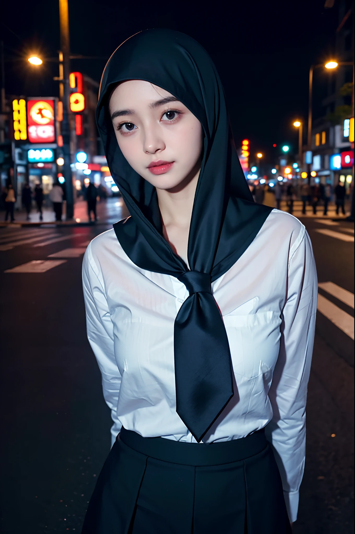 1girl, Tokyo street,night, cityscape,city lights, upper body,close-up, 8k, RAW photo, best quality, masterpiece,realistic, photo-realistic, wearing a modern hijab, white shirt, blue tie, blue skirt,faint smile