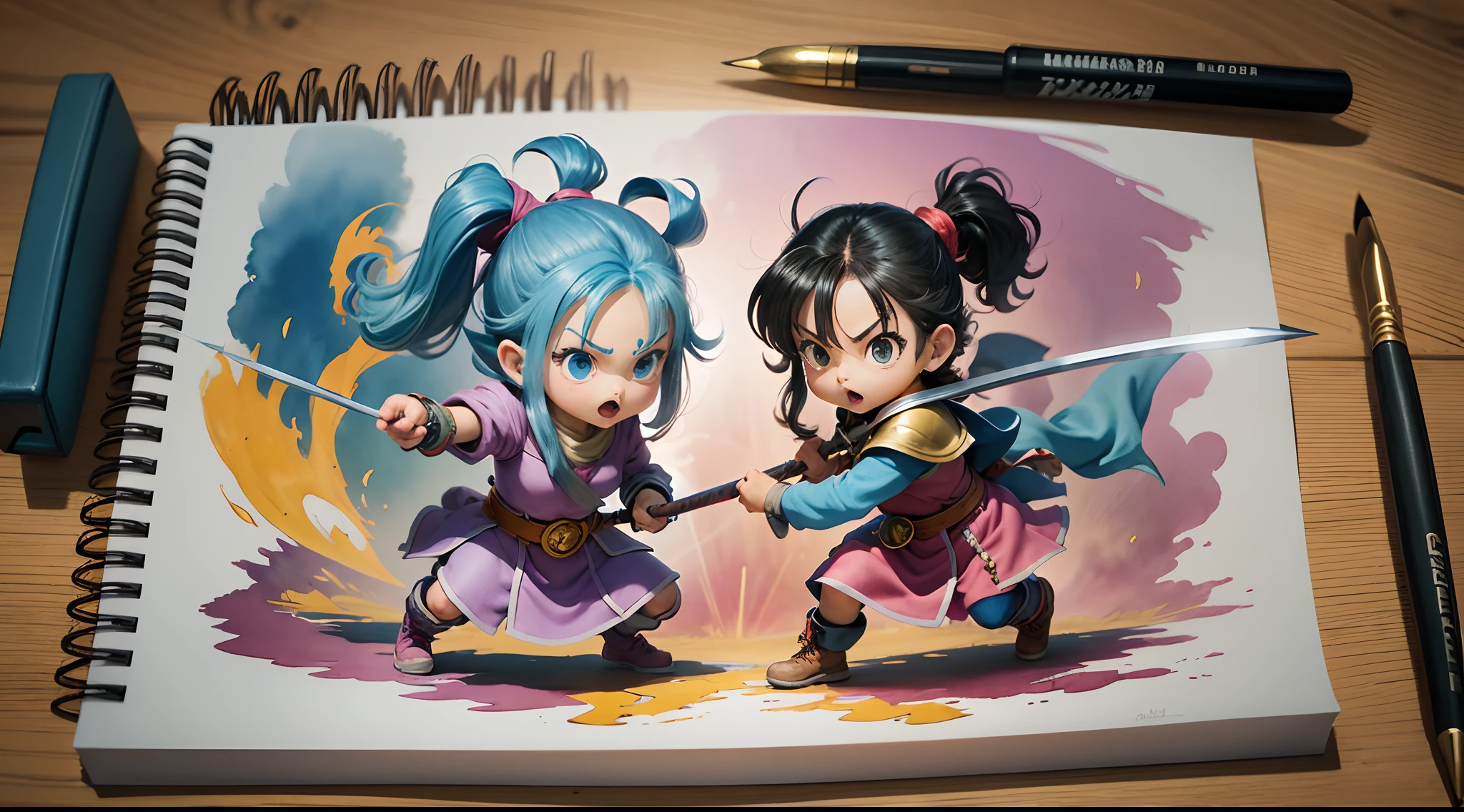 The Dragon Quest style of Akira Toriyama, watercolor with writing brush line, two girls hold sword and arrow to fight the evil dragon. --auto --s2