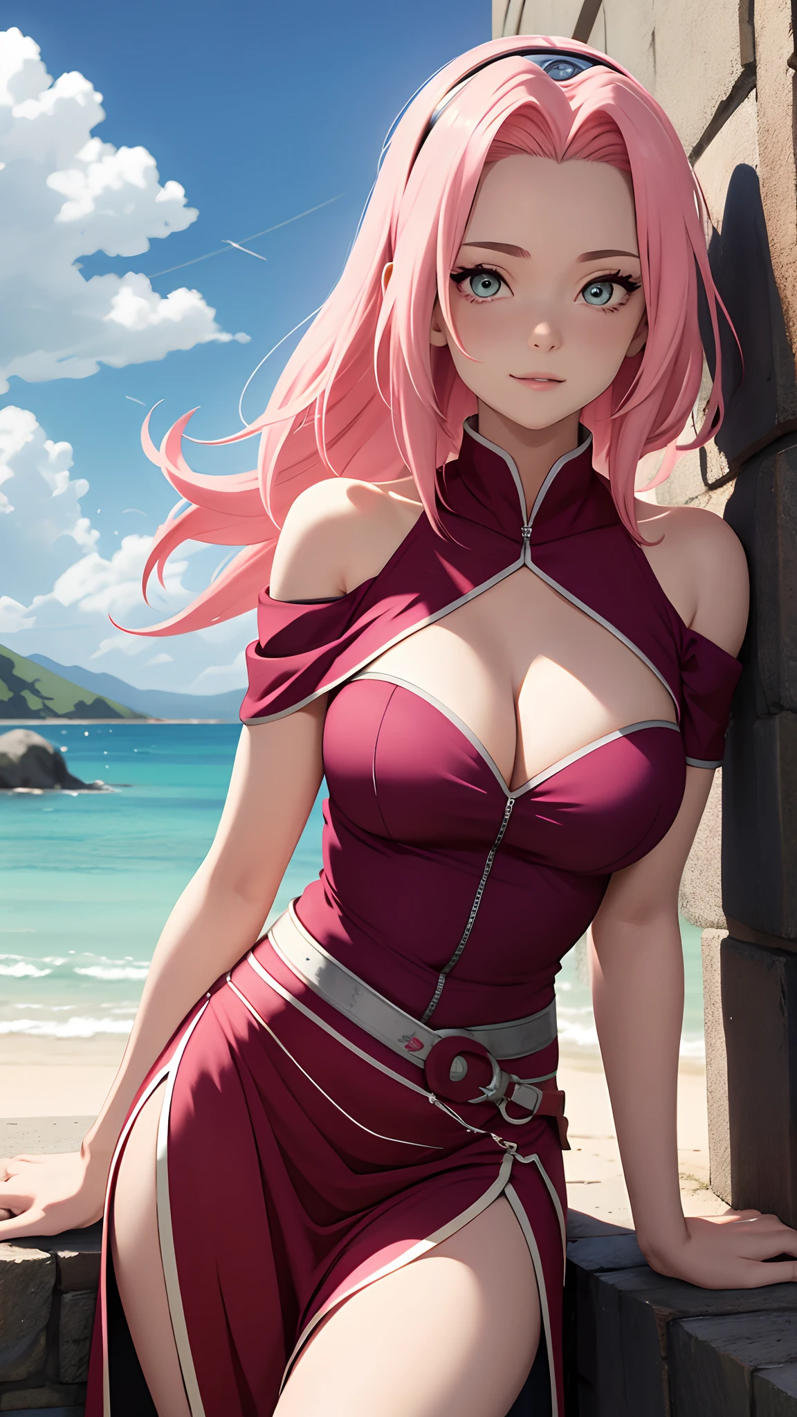 tmasterpiece， Best quality at best， 1girll，solo， Sakura Haruno， Large breasts，Off-the-shoulder attire，（cleavage)，（upperbody closeup)，Raised sexy，is shy，with pink hair， long whitr hair， （greene eyes:1.3)， Forehead protection， ssmile， blue-sky， Clouds， Hidden village，barechested