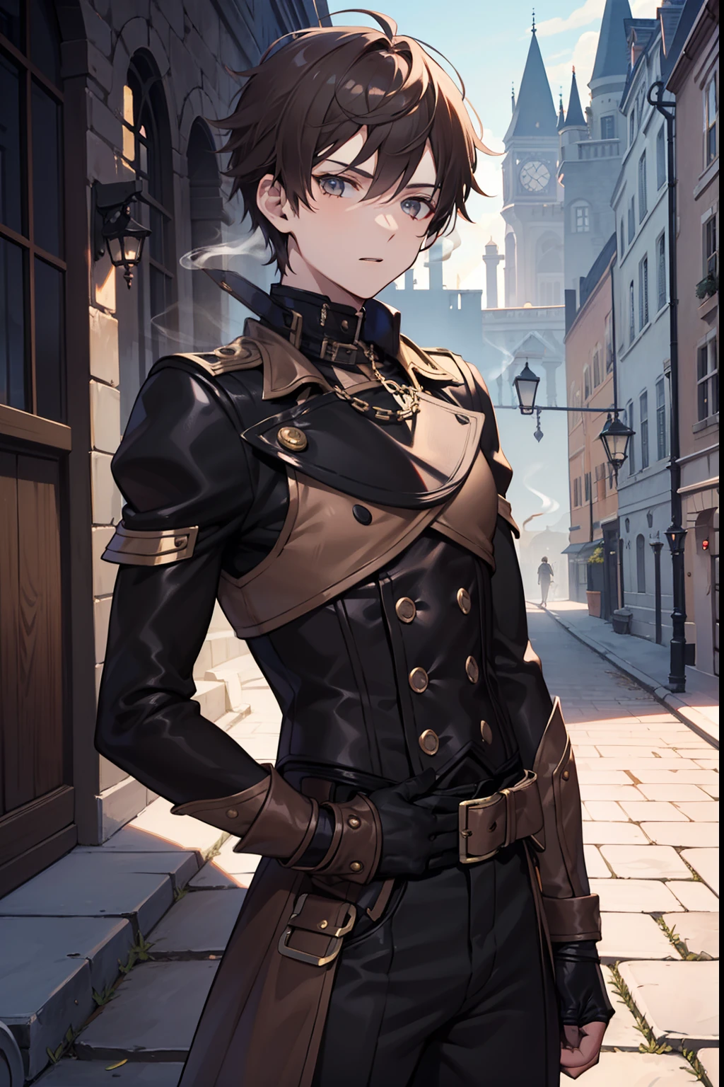 twinks　male people　{{ember}}　smoking tobacco　short dark hair　Gray eyes　steampunc　Castle courtyard 　Long body　well-muscled