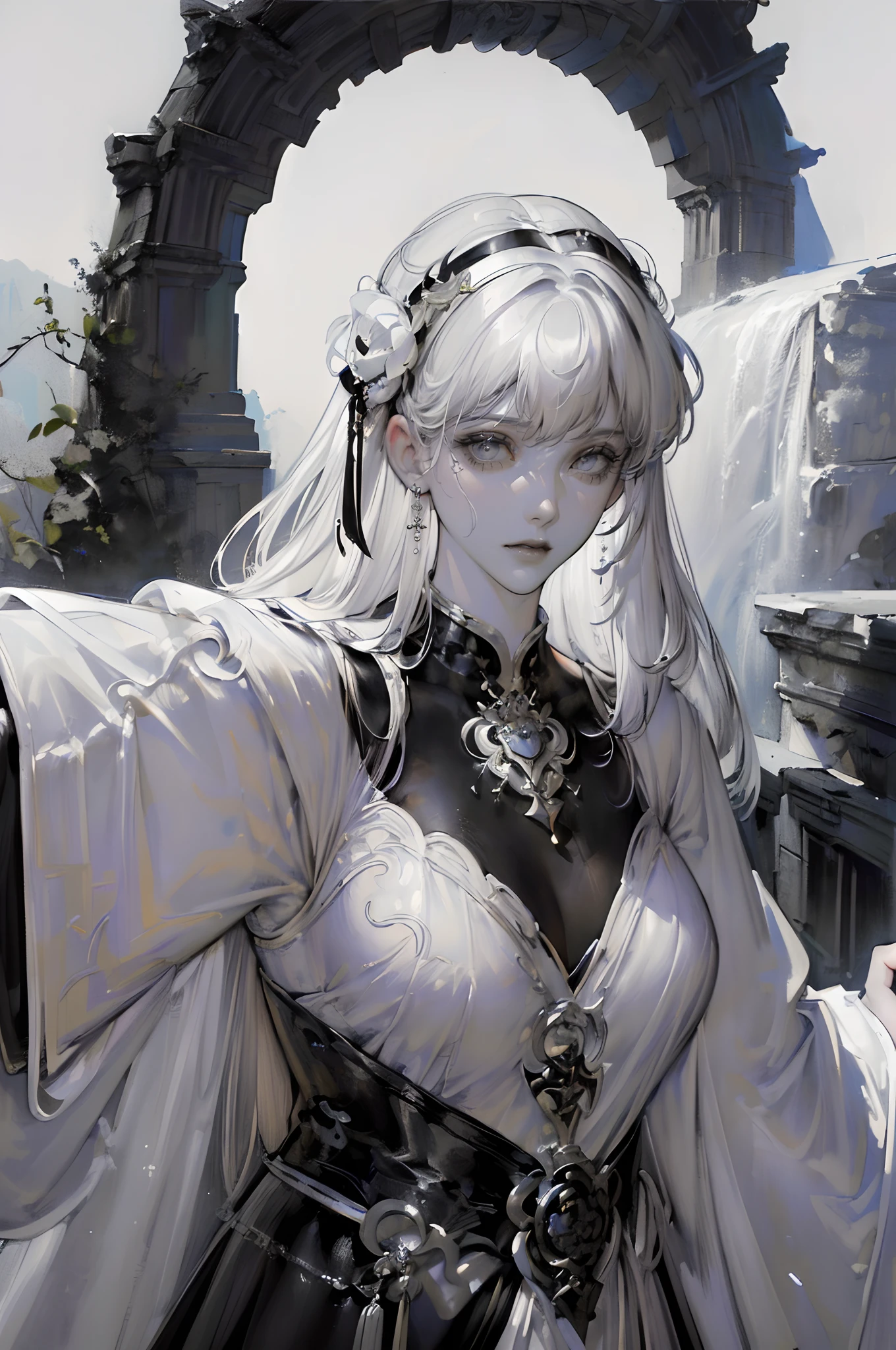 (Black and white color scheme:1.4)a close up of a woman with a white dress on, chengwei pan on artstation, by Yang J, detailed fantasy art, Stunning character art, Fanart Meilleure ArtStation, epic exquisite  character art, Beautiful armor, Extremely detailed Artgerm, Detailed digital anime art, Artgerm on ArtStation Pixiv, Armor Girl