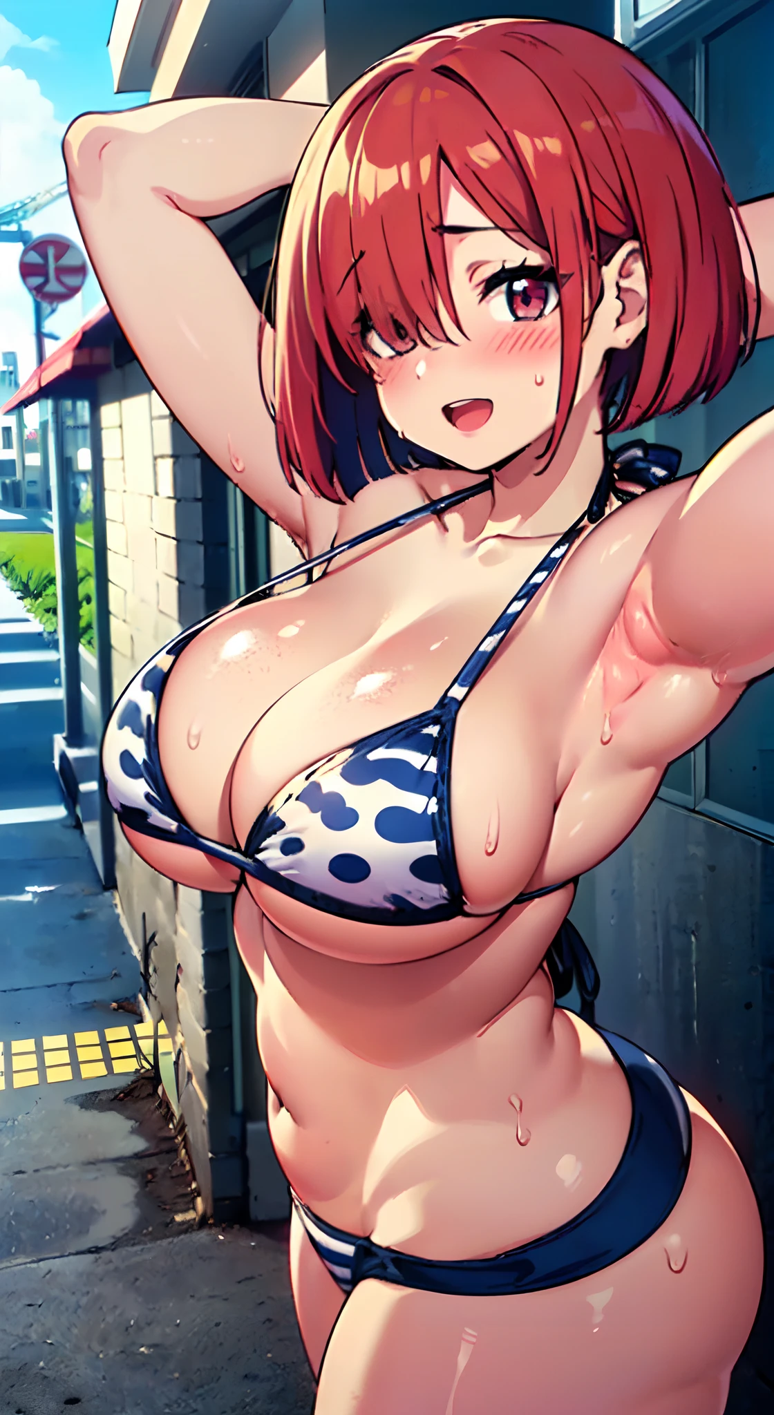 (Perfect body),Best Quality,(8K Portrait),(Official art)、(((((hair over eyes)))))、((:D))、(((blush))),(Sweat),((((large udder))))、((((Big ass))))、(fatness)、(Red hair),((bob cuts))、Longhaire、(((thick thighs)))、(((((Navy blue striped bikini)))))、Arms behind your head、Armpits、knee sox、adult woman、(In the street)、Chibi、
