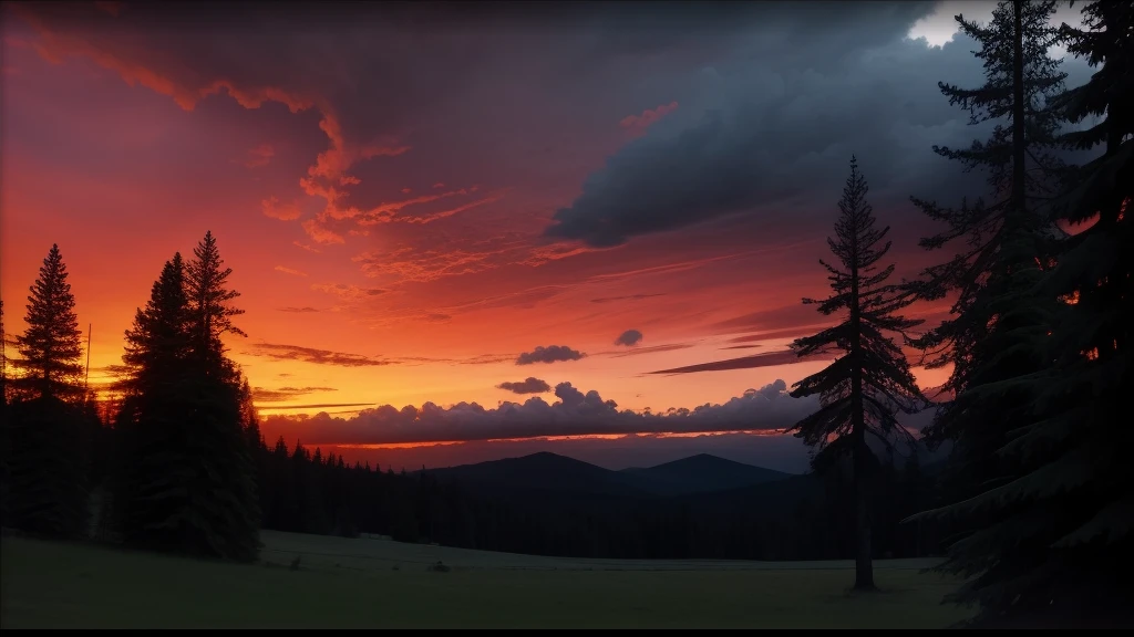 dark fir trees in the foreground and an orange red magical sunset with epic clouds