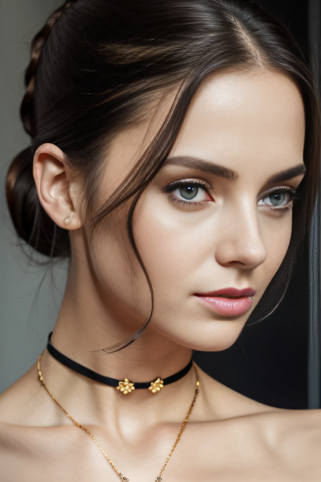 RAW picture, photorealistic portrait picture of a18 yo  english woman, classical looks, slim, sensual, brown eyes, white skin, thin black necklace choker with semi-precious rock, shoulder length black hair (tied behind her head in ponytail),  naked, topless, small breasts, pokies, , beautiful breasts, serious expression, sensual, wing eyeliner, dark make up, grey office background, bright lighting, short depth of field, soft focus, intense facial details, highly accurate facial details, perfect skin, thick eyebrows, pale lips, demure,  gold ring, delicate gold watch on left hand, high quality, photorealism, sensual, erotic pose, pre-raphaelite, gothic