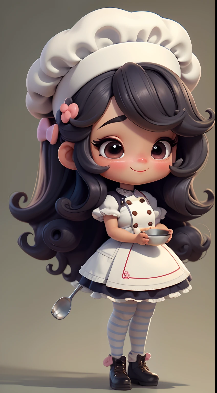 Create a series of cute  chibi style afro dolls with a cute pastry chef theme, each with lots of detail and in an 8K resolution. All dolls should follow the same solid background pattern and be complete in the image, mostrando o (corpo inteiro, incluindo as pernas: 1.5)

Boneca Mini Chef: Chame-a de Marina. Ela deve ter cabelo pequeno em tom preto marrom. Seus olhos devem ser grandes e expressivos, with long eyelashes and rosy cheeks. Sorriso delicado e branco. Sophie deve estar vestida com uma jaqueta de chef, striped pants and an ornate chef's hat. She must hold a chocolate brigadier in her hands. Certifique-se de adicionar detalhes nas roupas, such as buttons and pockets, sapato bonito

Certifique-se de adicionar sombras, texturas e detalhes nos cabelos, roupas, confectionery utensils, to make them even more adorable and charming.