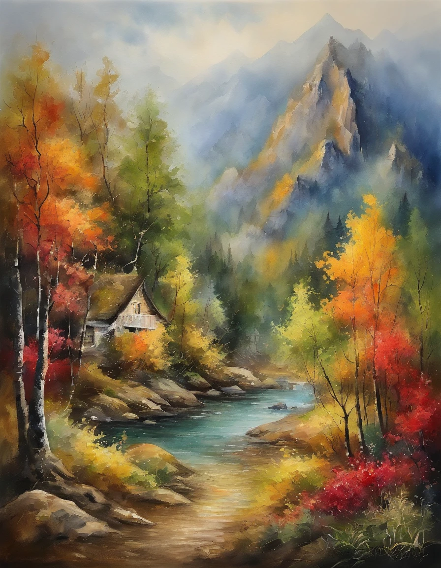 Bizarre steep peaks,springtime,The greenery is full of life,There is a stream at the foot of the mountain,There are reflections in the stream,country cabin,Cooking smoke rises,Pine trees have a peculiar shape,Sway with the wind,Color palette style,iso-distance view,Colored lead painting,Surreal photo,dream magical,pixel-perfect,hyper HD,in a panoramic view,8K分辨率,ultra-wide-angle,Faraway view,chinese paintings,Realistis,post impressionist