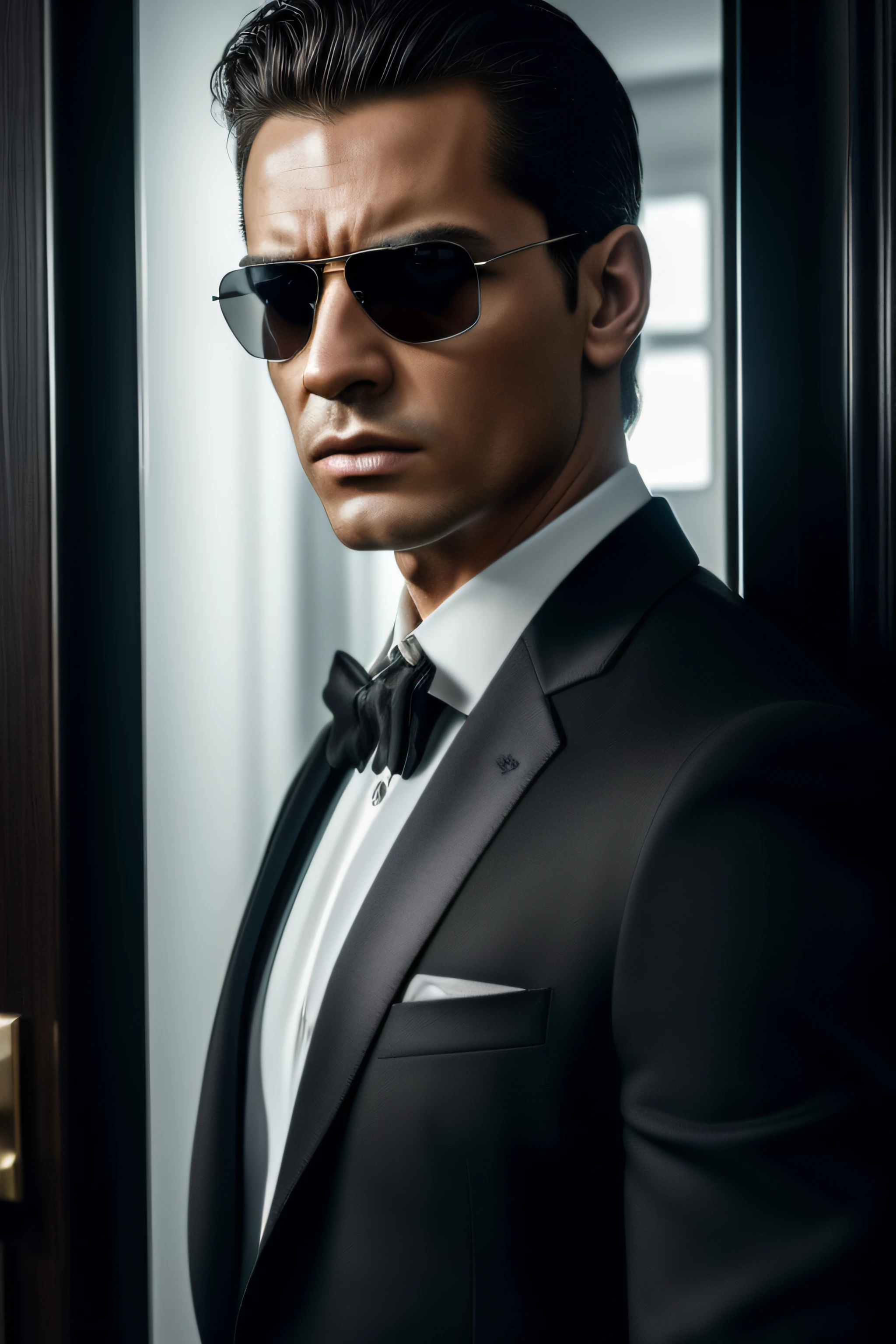 (best quality,4k,8k,highres,masterpiece:1.2),ultra-detailed,(realistic,photorealistic,photo-realistic:1.37),dark lighting,men in black,serious expression,aggressive posture,two men,black elegant suits,black sunglasses with black lenses,standing in front of my door,