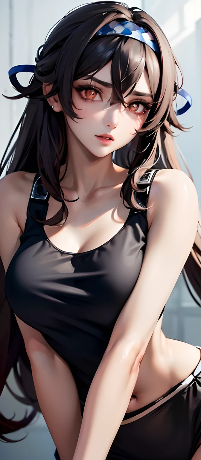 ((Best quality, 8K, Masterpiece: 1.3)), full bodyesbian, Focus Clear: 1.2, Outstanding style: 1.4, Slender abs: 1.2, ((Black hair, : 1.2)), Black tank top, Highly detailed face and skin texture, Detailed eyes, Double eyelids，Large breasts，cleavage，full bodyesbian