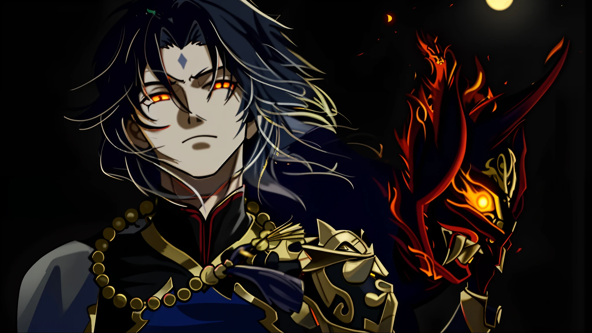 Desenhe o personagem Xiao de Genshin Impact em uma pose serena, but with an intimidating expression. he must be standing, with hands folded in front of his chest. Your gaze should convey determination and an aura of power. Certifique-se de capturar os detalhes do seu traje de assinatura. The setting can be a nocturnal environment, com sombras intensas ao redor dele, com uma lua chea no fundo, para acentuar seu ar misterioso. Remember that the image should reflect the unique and complex personality of the Xiao character.