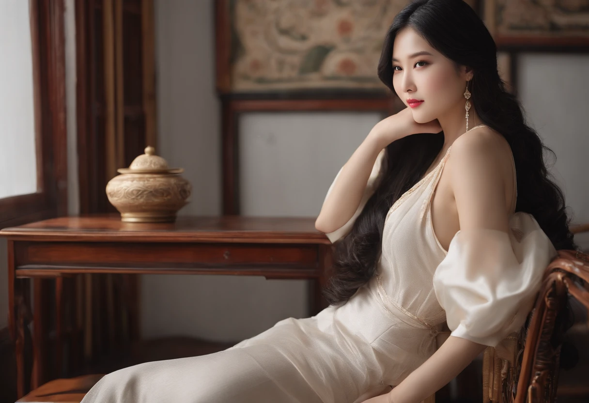 ((Best Quality, 8K, masutepiece: 1.3)), ((Beautiful Asian Woman)), 1 woman, Colossal tits、Long Black Hair, (Pure white walls, modeled、Cute clothes), Super Detailed Face, Detailed lips, Detailed eyes, Double eyelids, photos realistic,Round face,rather fat body,full body Esbian、Bangs are aligned、a smile