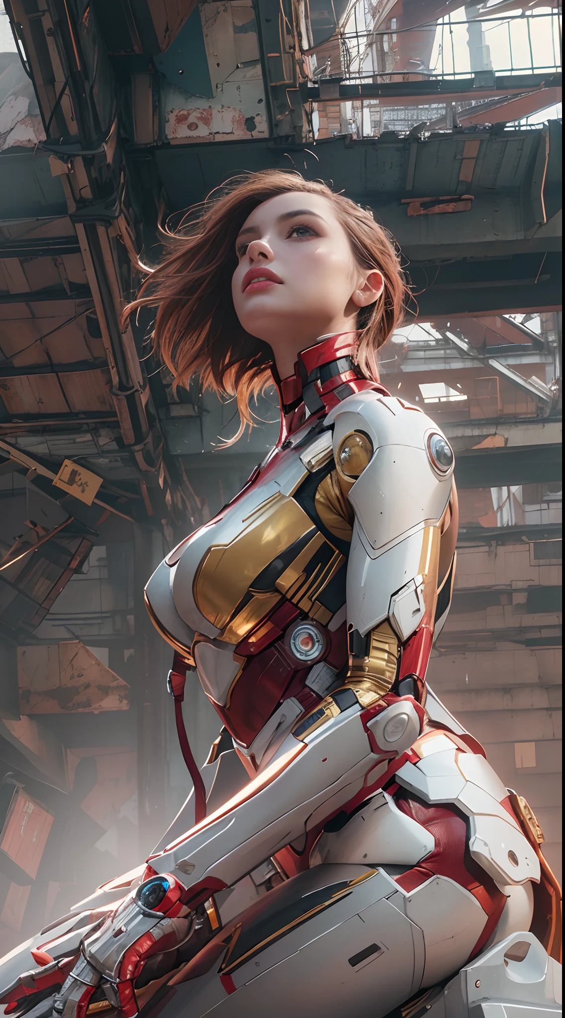 RAW, Masterpiece, Ultra Fine Photo,, Best Quality, Ultra High Resolution, Photorealistic, Sunlight, Full Body Portrait, Stunningly Beautiful,, Dynamic Poses, Delicate Face, Vibrant Eyes, (Side View) , she is wearing a futuristic Iron Man mech, red and gold color scheme, highly detailed abandoned warehouse background, detailed face, detailed and complex busy background, messy, gorgeous, milky white, high detailed skin, realistic skin details, visible pores , sharp focus, volumetric fog, 8k uhd, dslr camera, high quality, film grain, fair skin, photorealism, lomography, sprawling metropolis in futuristic dystopia, view from below, translucent