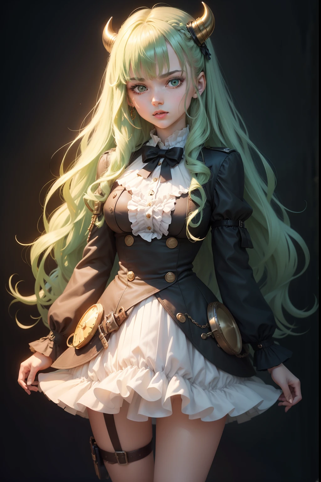 ((Real-time 2D))  Masterpiece, 1girll, full bodyesbian, standing straight, Steampunk clothes, Military clothing, view the viewer, Detailed face, Girl with green wavy hair, bangs, Metal horns, Gradient hair, multicolored hair, Light green hair, Turquoise hair ends, Wavy hair, Gradient eyes, Orange eyes, (Simple background, White background: 1.3)