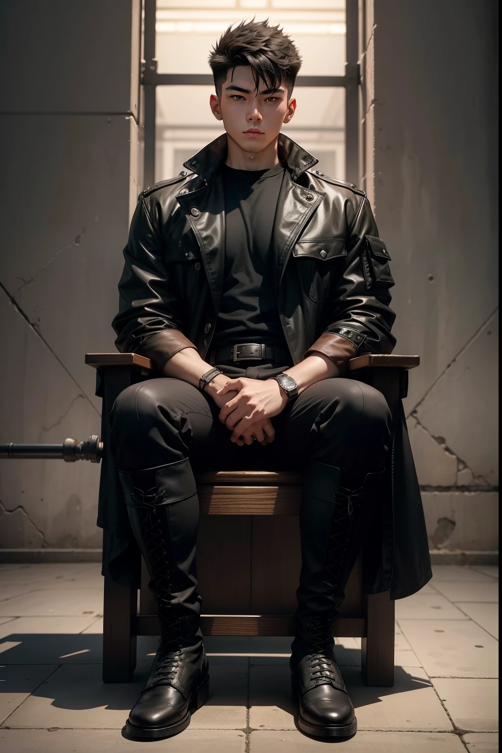 20-year-old man，Man，Height 195，jpn，Big soldier head，Crisp short hair，seated on a throne，God perspective，The eyes are about to face each other，Chinese men，musculature，Lift one foot，Wears a long black trench coat，Black socks，Black tall riding boots，Wear riding boots，wearing military shoes，Black riding boots，Ferocious and ferocious，Prison background，Rope in hand