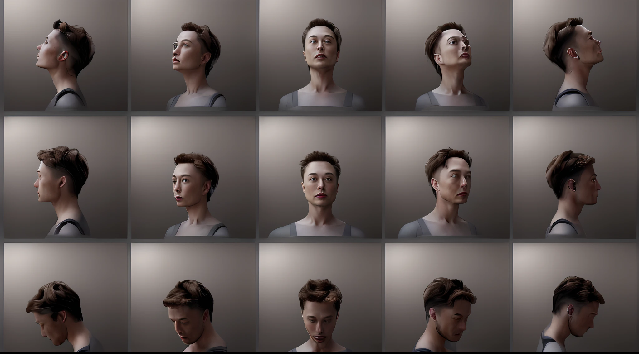 (a character sheet of Elon Musk from different angles with a grey background:1.4) , auburn hair, eyes open, cinematic lighting, hyperrealism, depth of field, photography, ultra highres, photorealistic, 8k, studio lighting