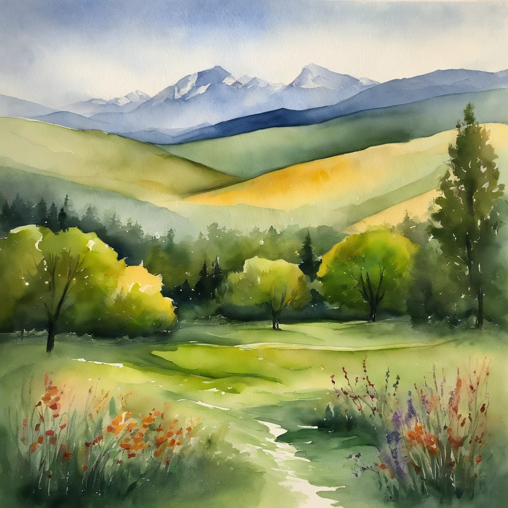 "Amazing views of majestic cloud-covered mountains, Spring has sprung，Green trees and fields，As if shrouded in a mysterious haze, Offering a sense of serenity and awe-inspiring beauty."