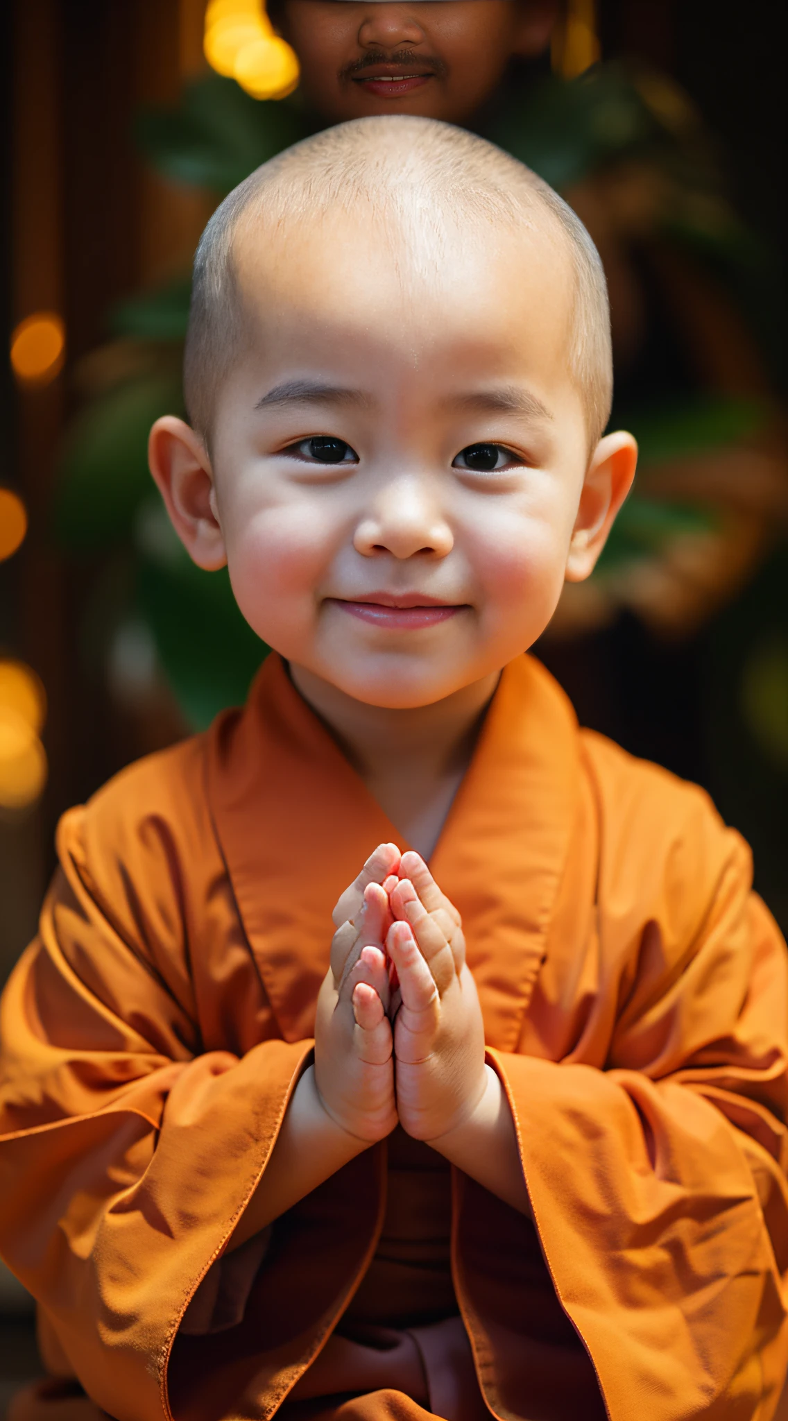 A little monk with a toddler，had his hands folded，sit with legs crossed，Orange monk robe，Perfect facial features，face to the viewer，with black background