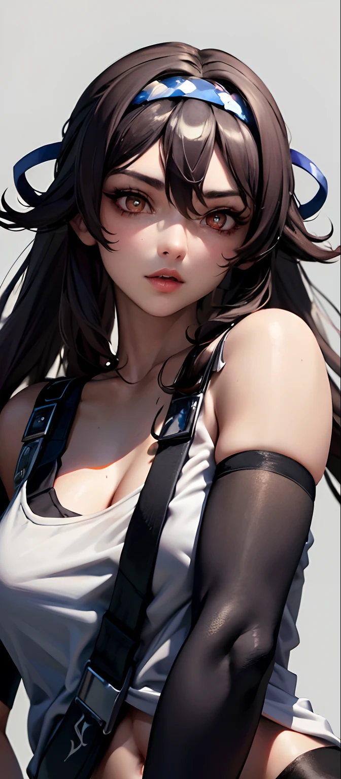 ((Best quality, 8K, Masterpiece: 1.3)), full bodyesbian, Focus Clear: 1.2, Outstanding style: 1.4, Slender abs: 1.2, ((Black hair, : 1.2)), Black tank top, Highly detailed face and skin texture, Detailed eyes, Double eyelids，Large breasts，cleavage，full bodyesbian