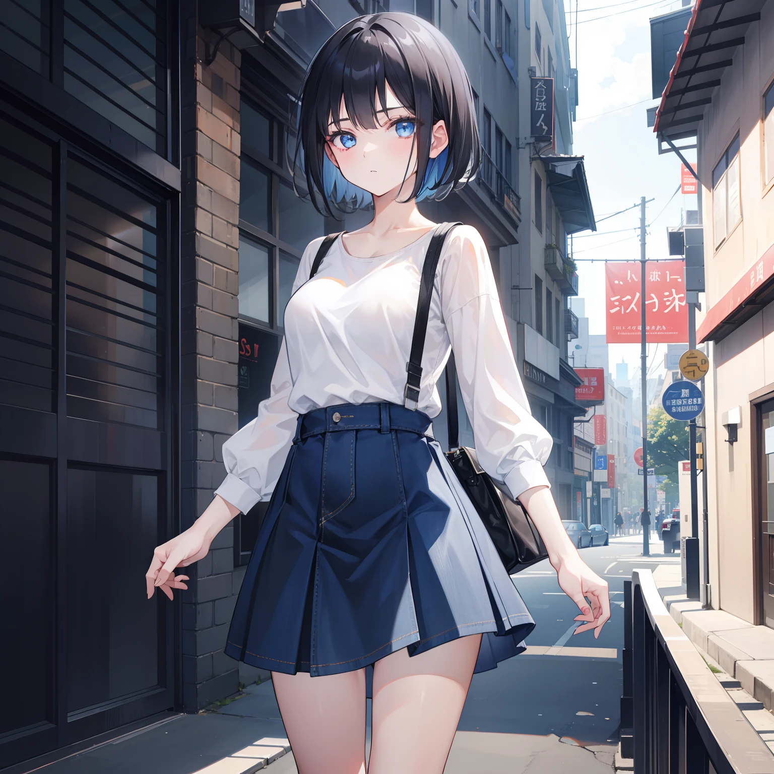 1girl, short black hair, blue eyes, wearing skirt, denim long city, absurdres, high res, ultrasharp, 8k, masterpiece, looking at viewer