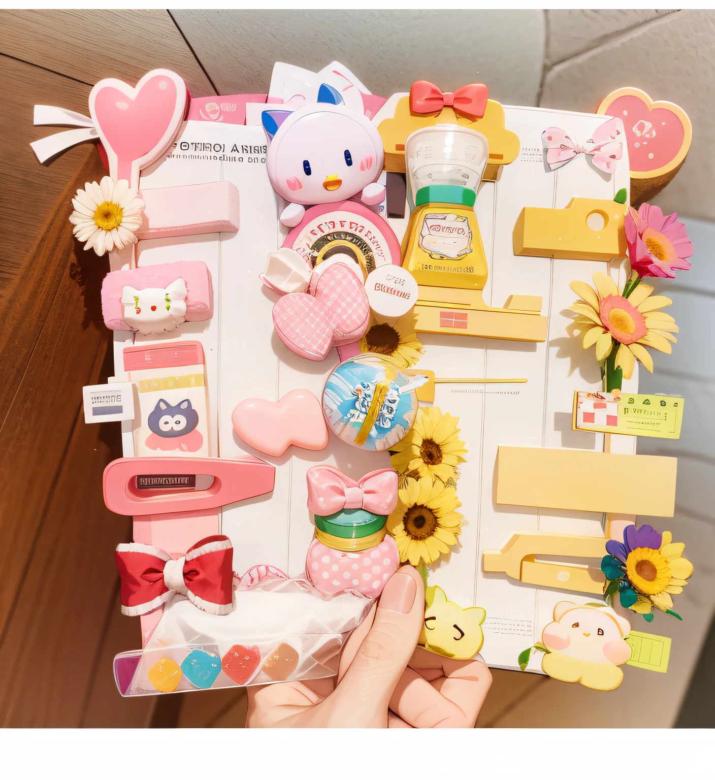 There was a man holding a bunch of hairpins in his hand, cute colorful adorable, Loli, kawaii, Cute, (In pink), sanrio, Cute features, Cute cute, Cute and lovely, Girl, High quality], The cards, Middle Metaverse, Gamine, Cute girl, straw, flower