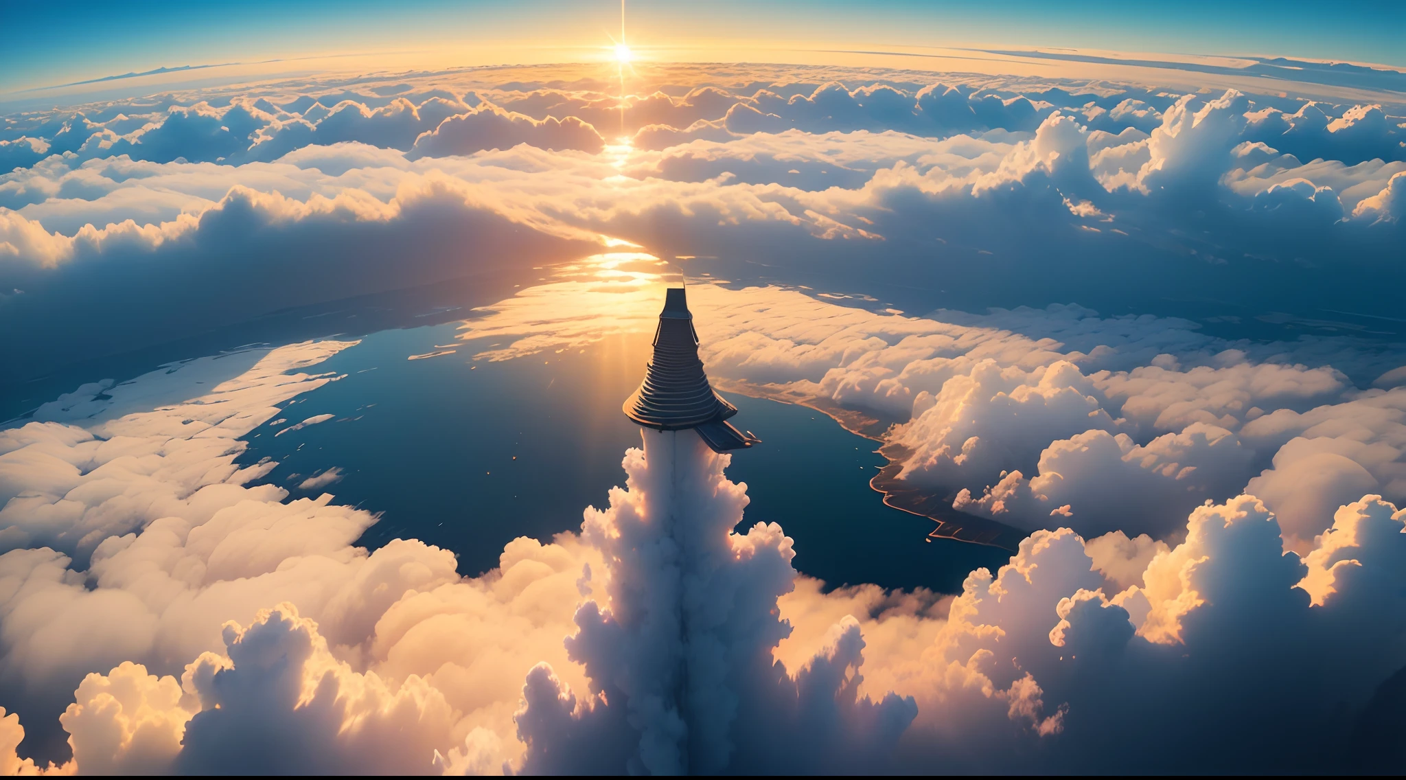 (8K)(photorealestic)tmasterpiece,Shocking,bird's eyes view,Sea of clouds,sunraise(Light and shadow visuals)lindo cenario --auto