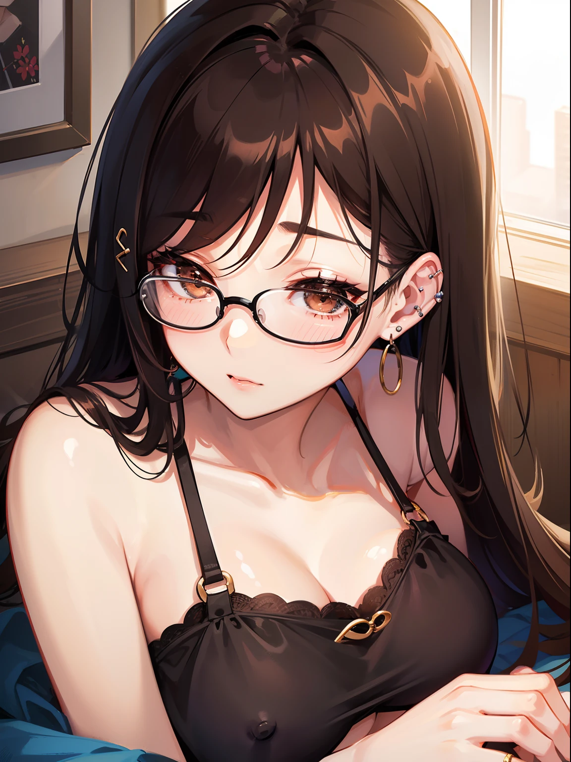 1人の女性、brown haired(Curta)、Brown eyes、Black-rimmed glasses、Ring piercing of the earlobe、seductive boobs、closing eye、sleeping face
