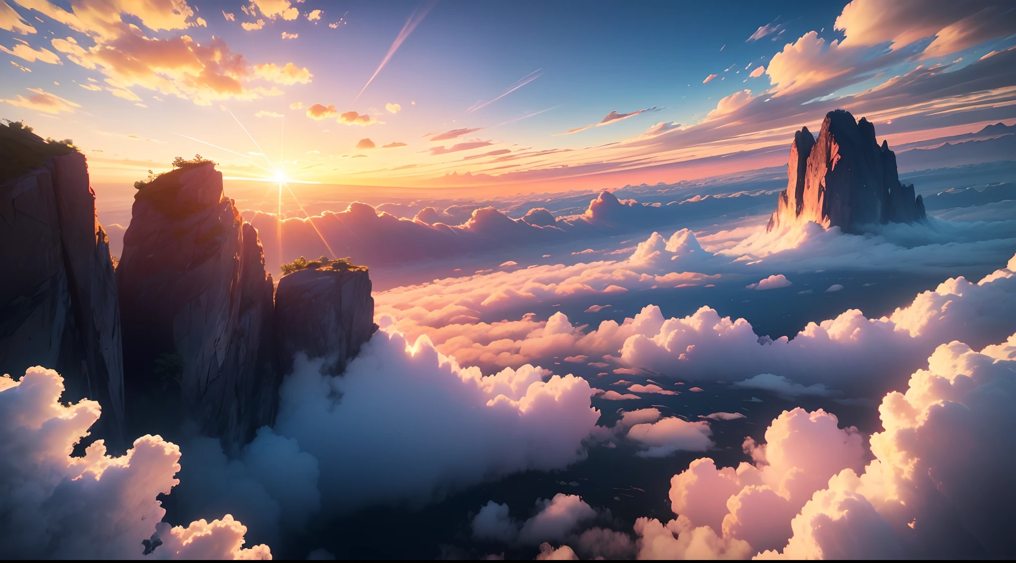 (8K)(photorealestic)tmasterpiece,Shocking,bird's eyes view,Sea of clouds,sunraise(Light and shadow visuals)lindo cenario --auto