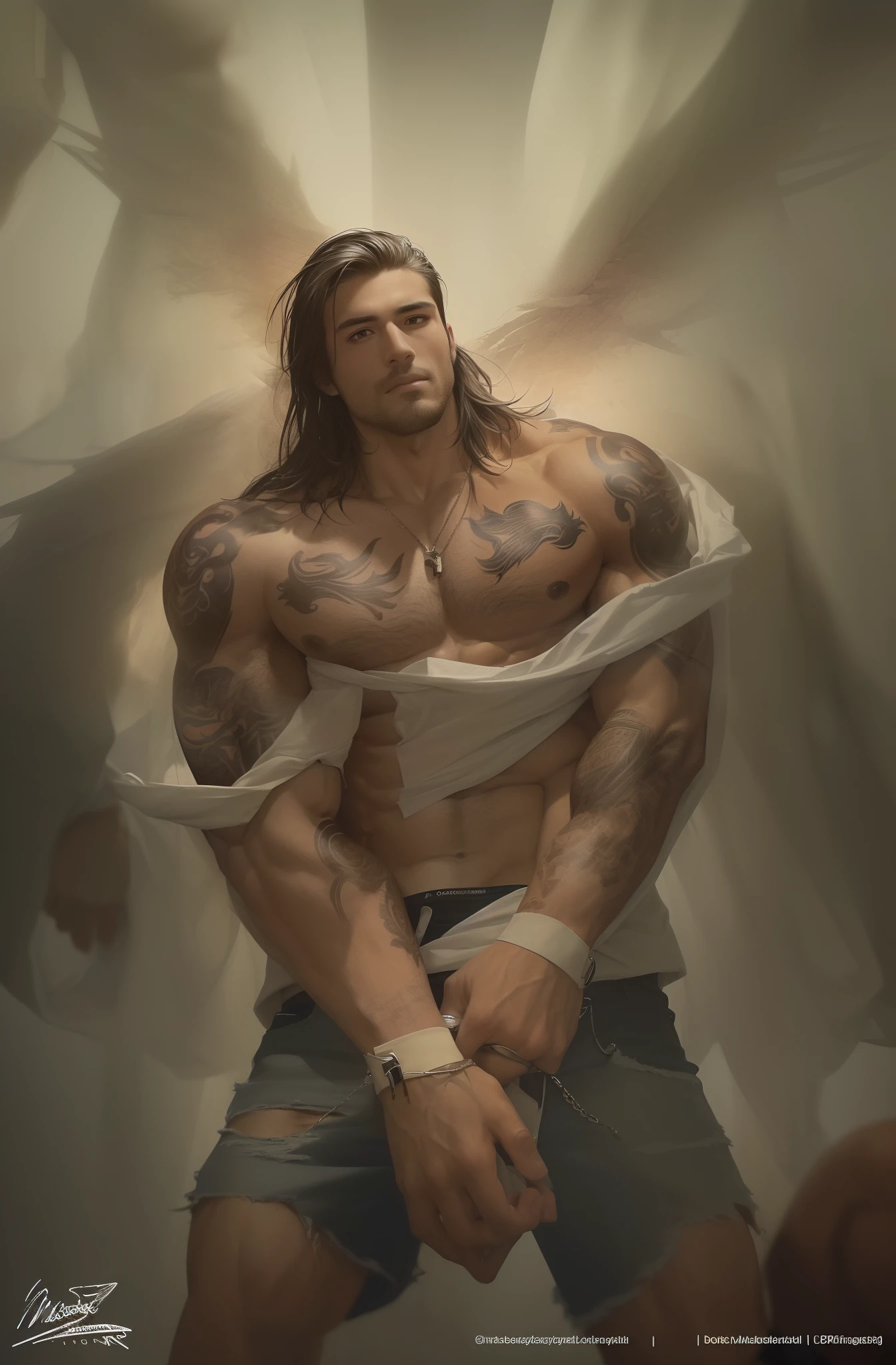 (Masterpiece, Top quality, high resolution), 1male people, ((basketball captain, stud)), (hunky, Handsome man, Extremely handsome, ridiculously handsome, Attractive man, Strong masculine characteristics), (Shirtless, Undressed, Open chest), (musculous, Big chest, Abs), (Wearing a necklace, ripped shirt, Ripped pants, tattoo, Sportswear)