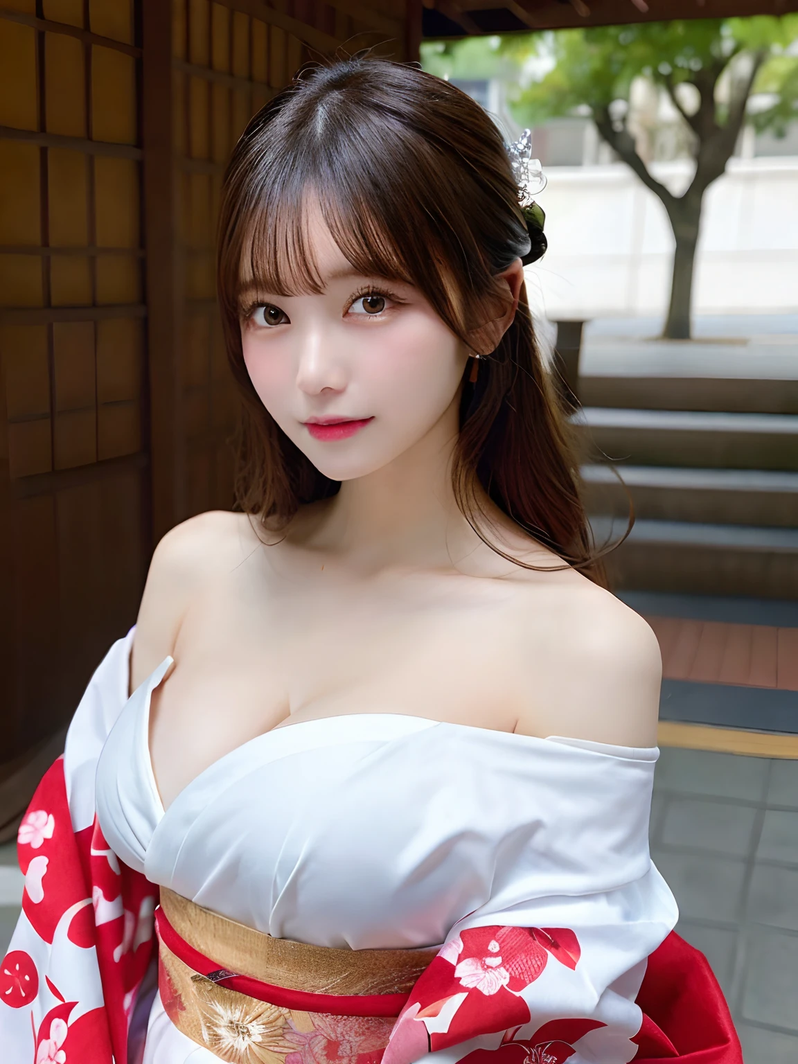 masutepiece, Best Quality, Illustration, Ultra-detailed, finely detail, hight resolution, 8K Wallpaper, Perfect dynamic composition, Beautiful detailed eyes, Kimono, Off-shoulder, cleavage, Full body、Colossal tits、nudde