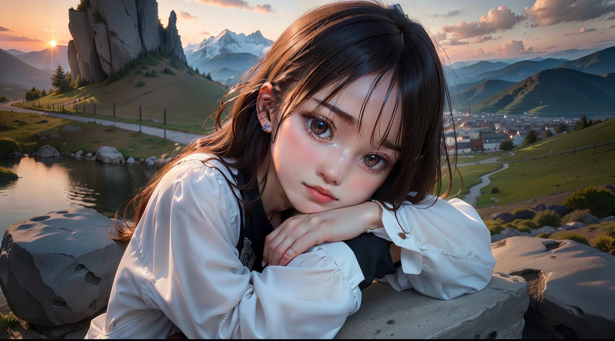 (Ultra-detailed, Photorealistic), A girl sitting cross-legged under a stone pedestal, Consider which way to go, Sunset，wind gently blowing. She stared at the thick clouds, Not sure which direction she should go. The scene is set against the backdrop of majestic mountains in the distance. The girl's eyes were full of beauty, As she thinks about the next step，Affectionate emotions. The colors are vivid and vibrant, Warm tones of orange and pink dominate the sky, The mountains are painted in cool shades of blue and purple. The lighting is soft and diffused, Cast a warm glow on the girl's face，Illuminate the surrounding landscape. The image is verydetailed, Capture every complex nuance of a girl's character, Including her delicate eyes, nase, and lips. The overall atmosphere is peaceful, With a touch of mystery, Evokes a feeling of introspection and contemplation.