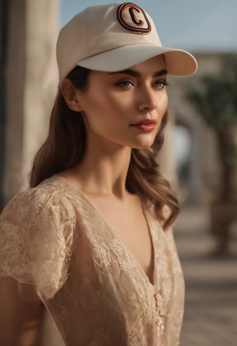 Women wear baseball caps,The hat has the letter C on it,The letters are embroidered material,Realisticstyle,Highlight the hat,frontage,Oriental women