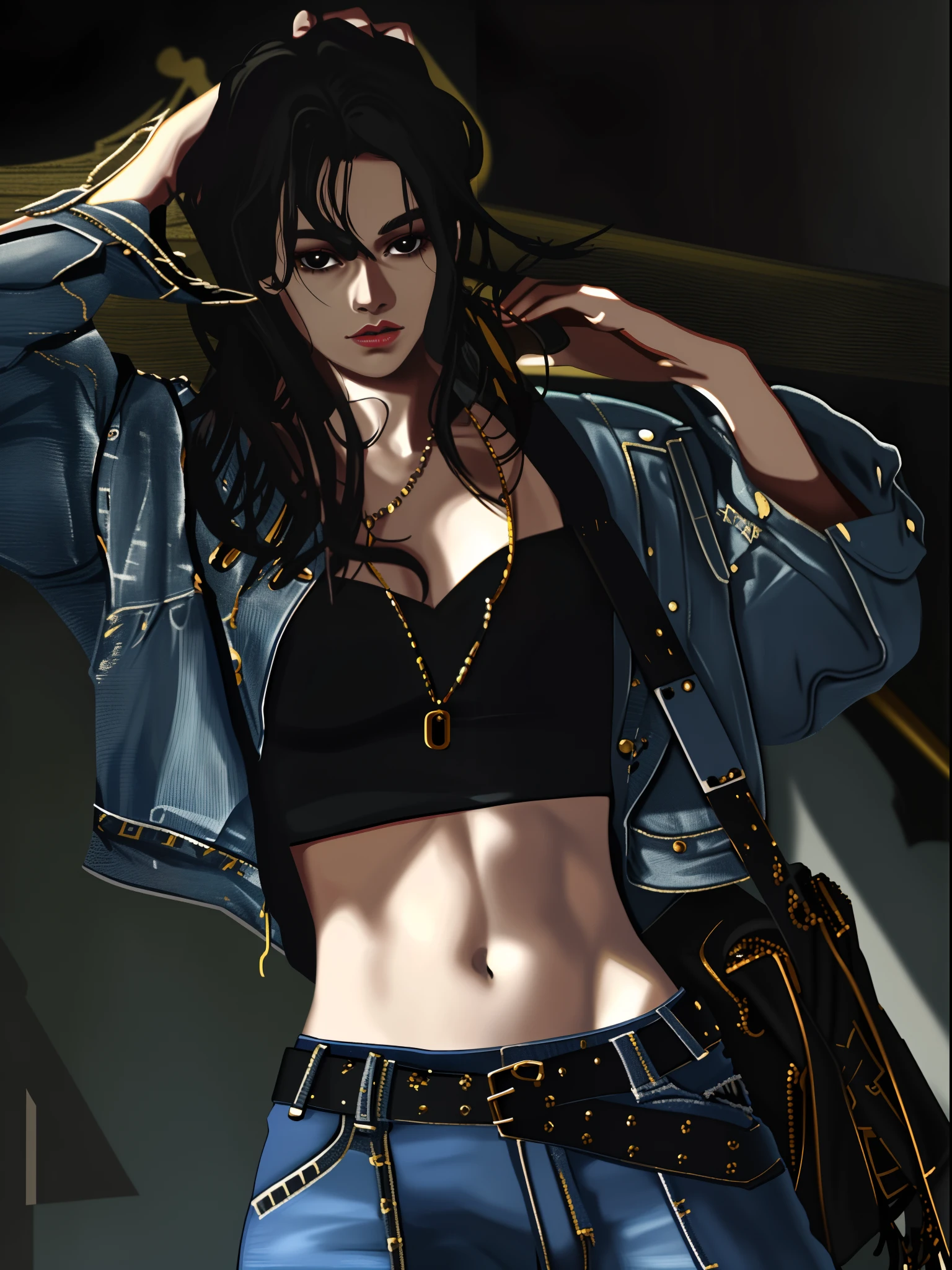 highres, official art, (masterpiece, best quality, absurdres, highly detailed), (best illumination, best shadow), ((anime, anime girl)), mature, mature female, jeans, denim, denim jacket, makeup, crop top, black top, black belt, black bag, necklace, long hair, black hair, black eyes, looking at viewer, arms up, hands up, hand on head, stomach, nice belly, deep navel, ribs, (muscular, muscular female: 0.85), open clothes, open jacket, standing, indoors, stairs