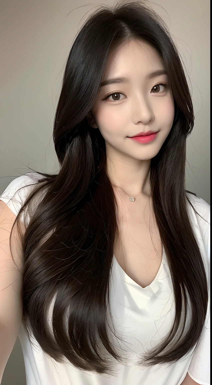 ((Realistic lighting、top-quality、8K、masterpiece:1.3))、Clear focus:1.2、1girl in、flawless beauty:1.4、、Neat and clean clothing、One-piece clothes、Superfine Face、Narrow-eyed、二重まぶた、lighting like a movie、photos realistic、28 year old、Face like a K-pop idol、white backgrounid、Gray background、Mature Woman、Classy makeup、Angle of pull、length hair、Longhaire、Long hair、Straight hair、Korea person、Rolled hair